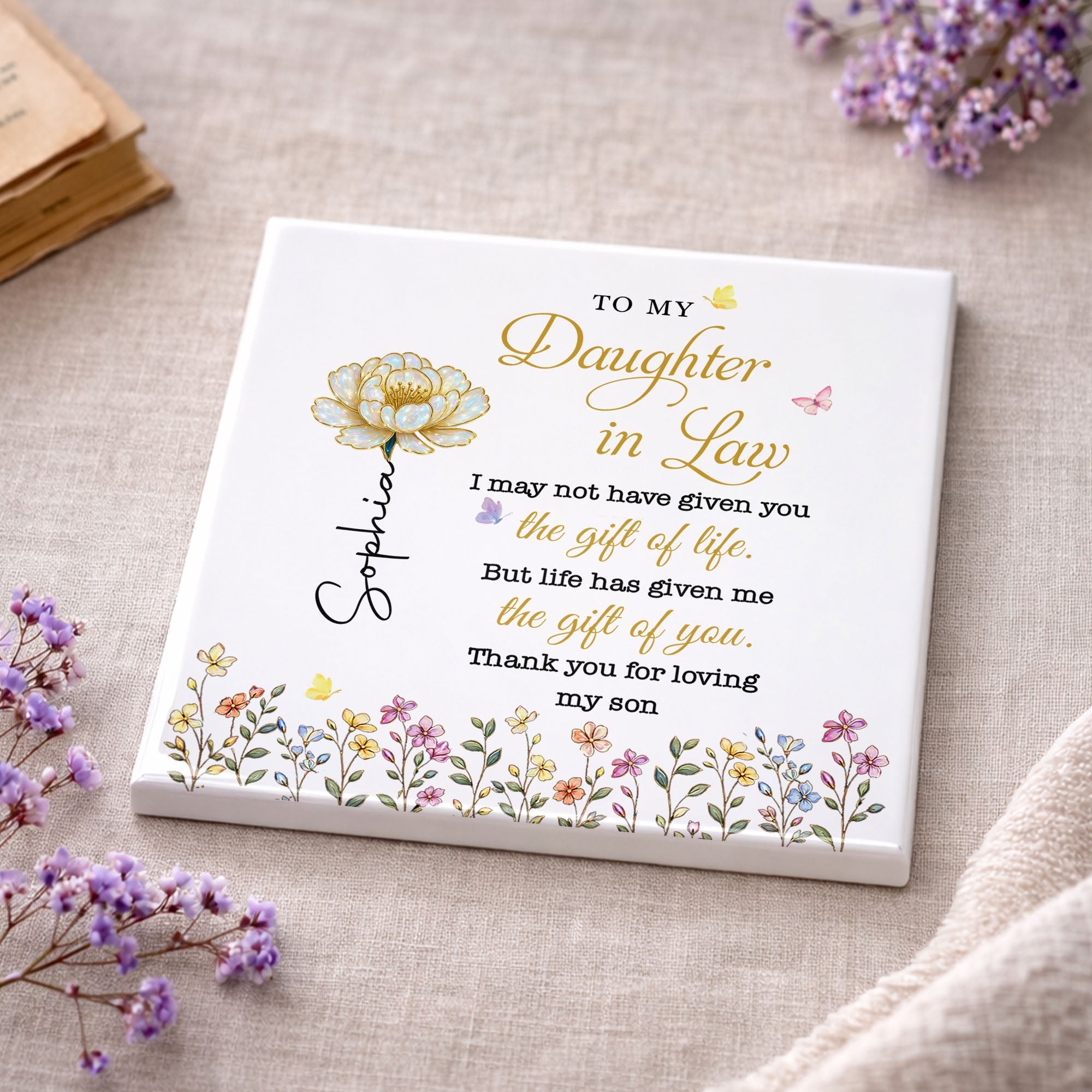 Personalized Ceramic Coaster Custom Flower Design Gift for Daughter-in-Law