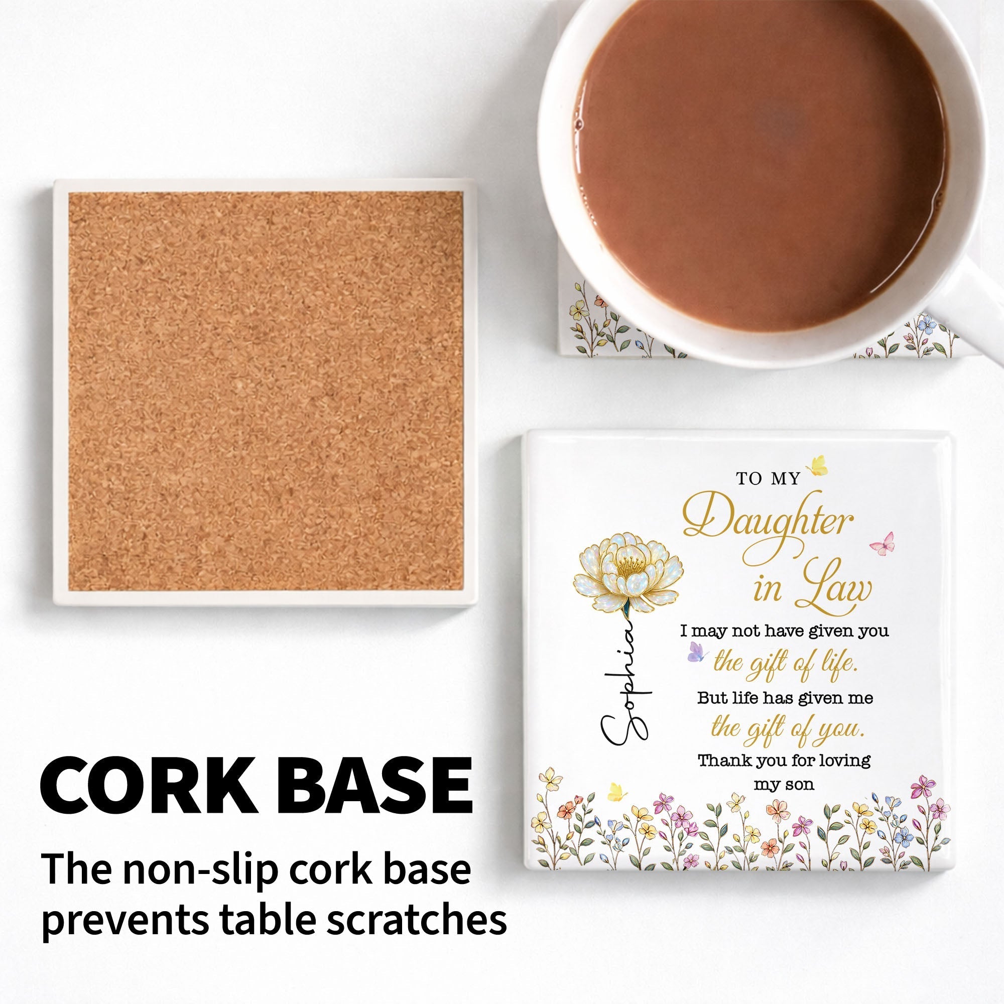 Personalized Ceramic Coaster Custom Flower Design Gift for Daughter-in-Law