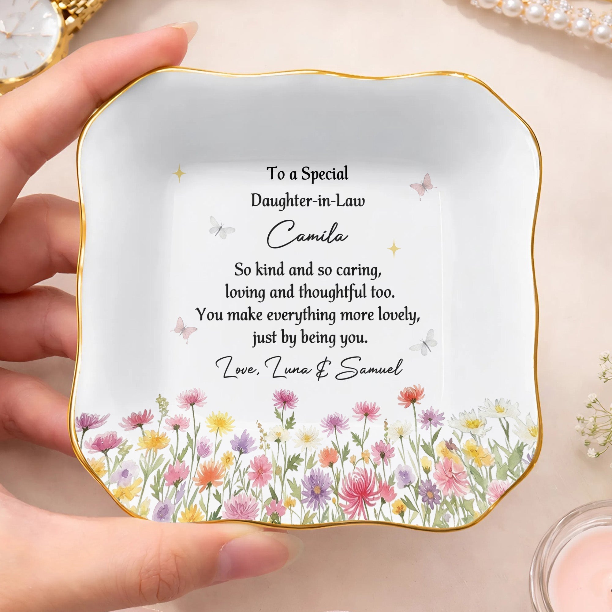 Personalized Lace Square Jewelry Dish Custom Gift for Daughter-in-Law