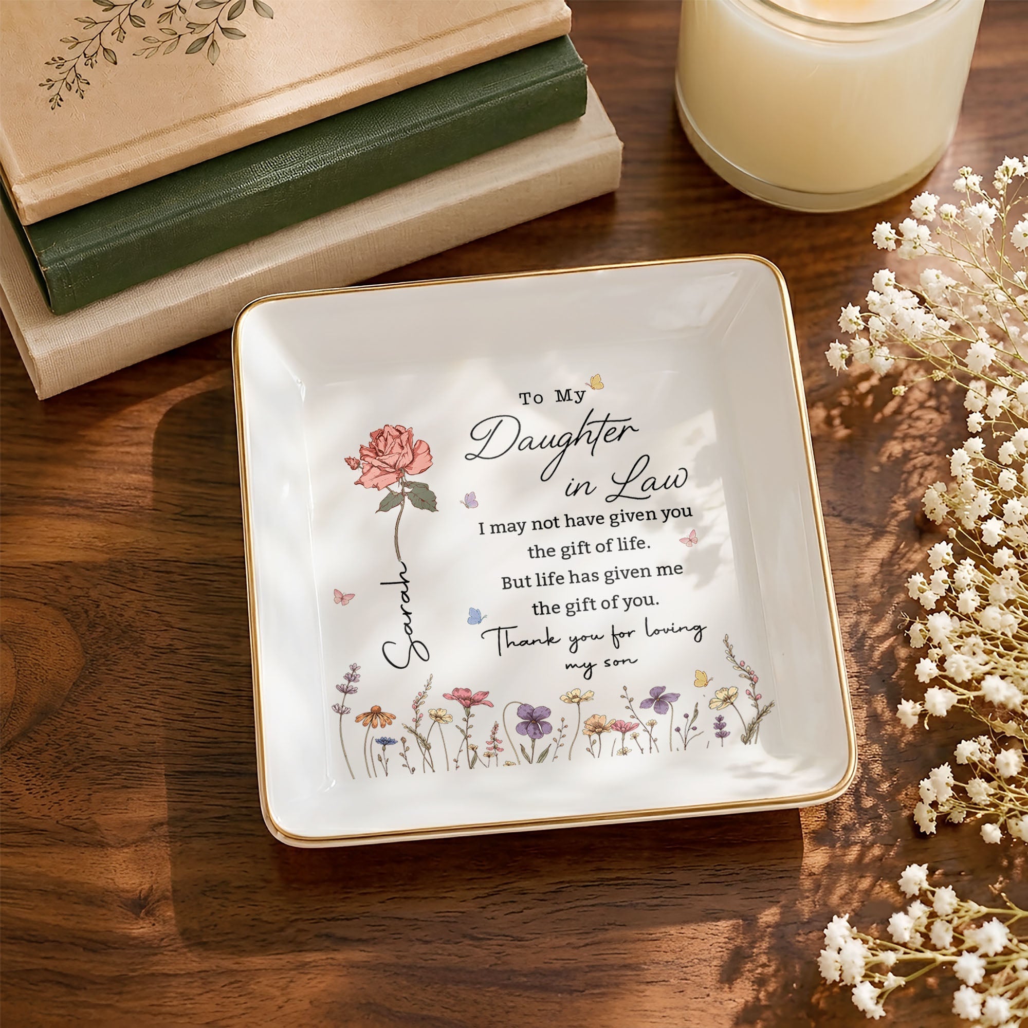 Personalized Jewelry Dish Custom Floral Gift for Daughter-in-Law