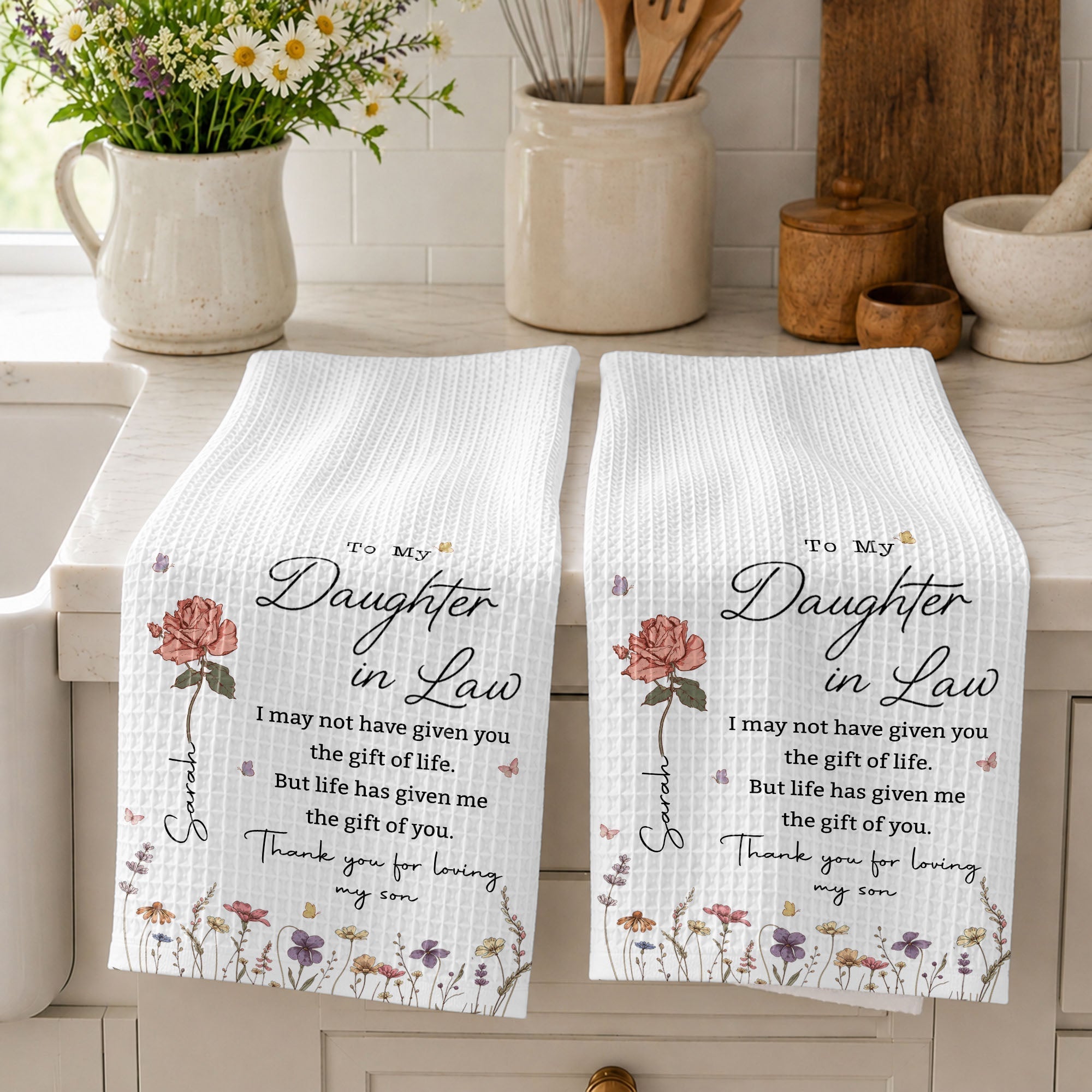Personalized Kitchen Towel Custom Flower Design Gift for Daughter-in-Law