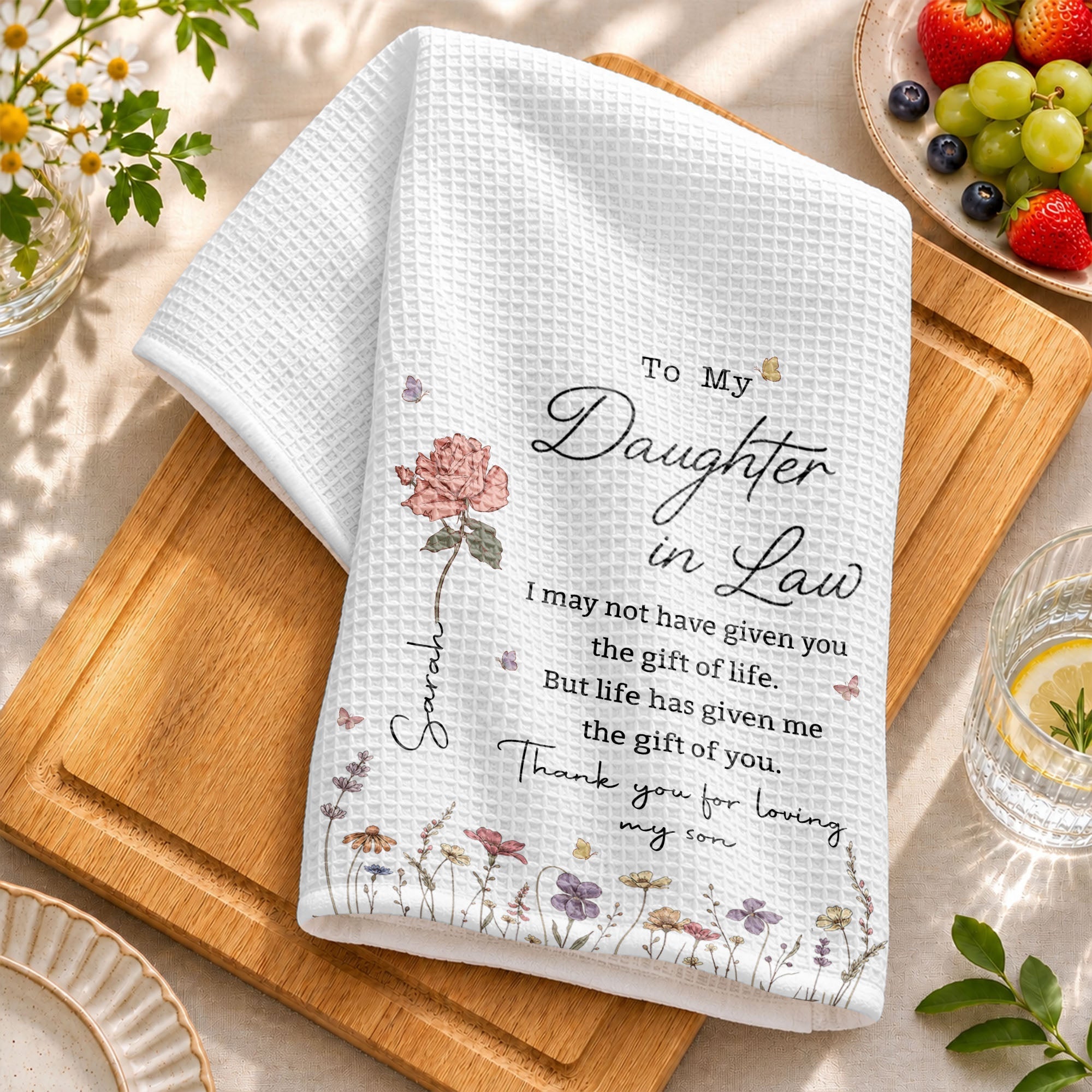 Personalized Kitchen Towel Custom Flower Design Gift for Daughter-in-Law