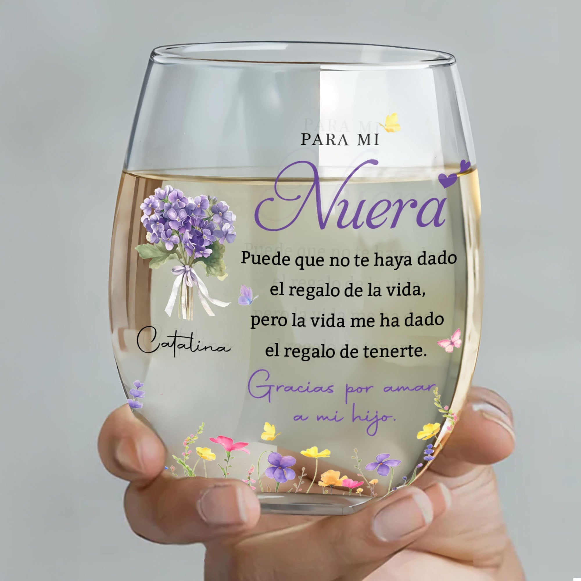 Personalized Stemless Wine Glass Custom Birth Month Flowers Gift for Daughter-in-Law