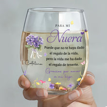 Load image into Gallery viewer, Personalized Stemless Wine Glass Custom Birth Month Flowers Gift for Daughter-in-Law
