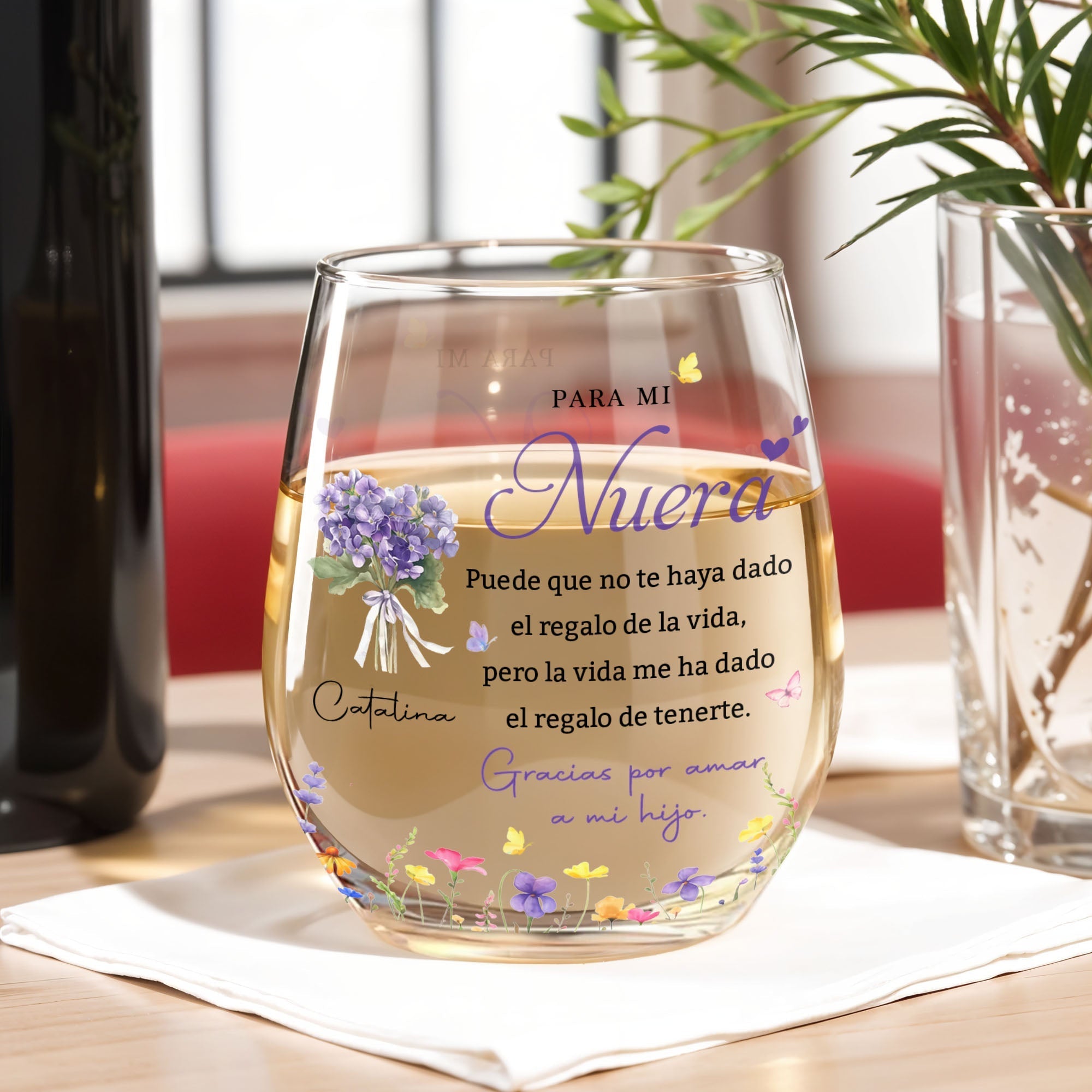 Personalized Stemless Wine Glass Custom Birth Month Flowers Gift for Daughter-in-Law