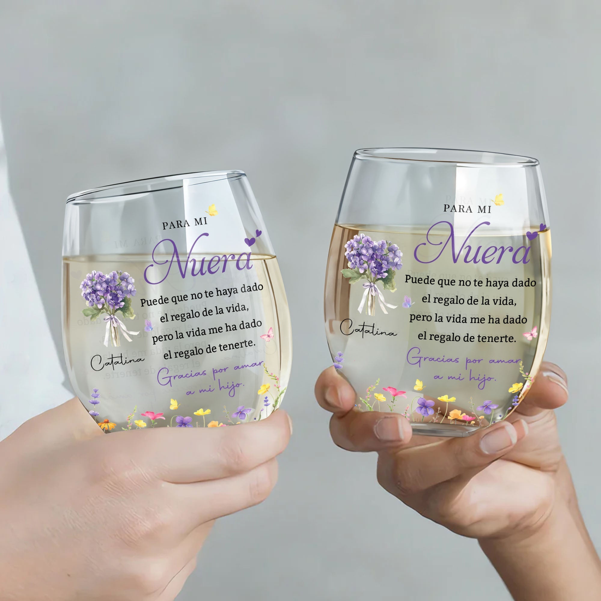 Personalized Stemless Wine Glass Custom Birth Month Flowers Gift for Daughter-in-Law