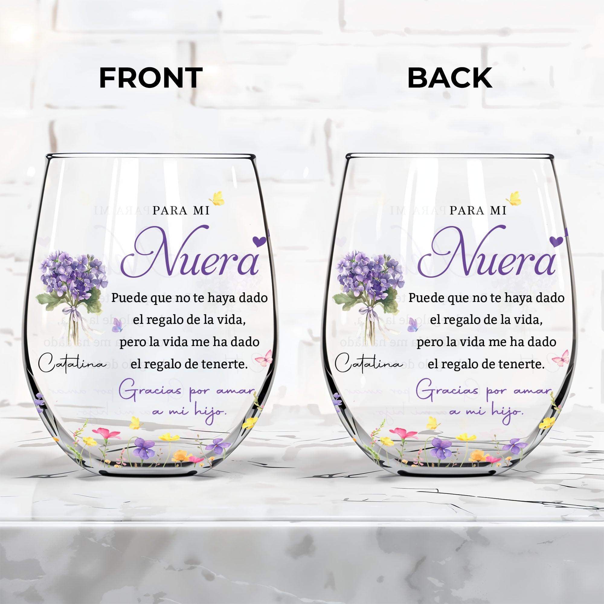Personalized Stemless Wine Glass Custom Birth Month Flowers Gift for Daughter-in-Law