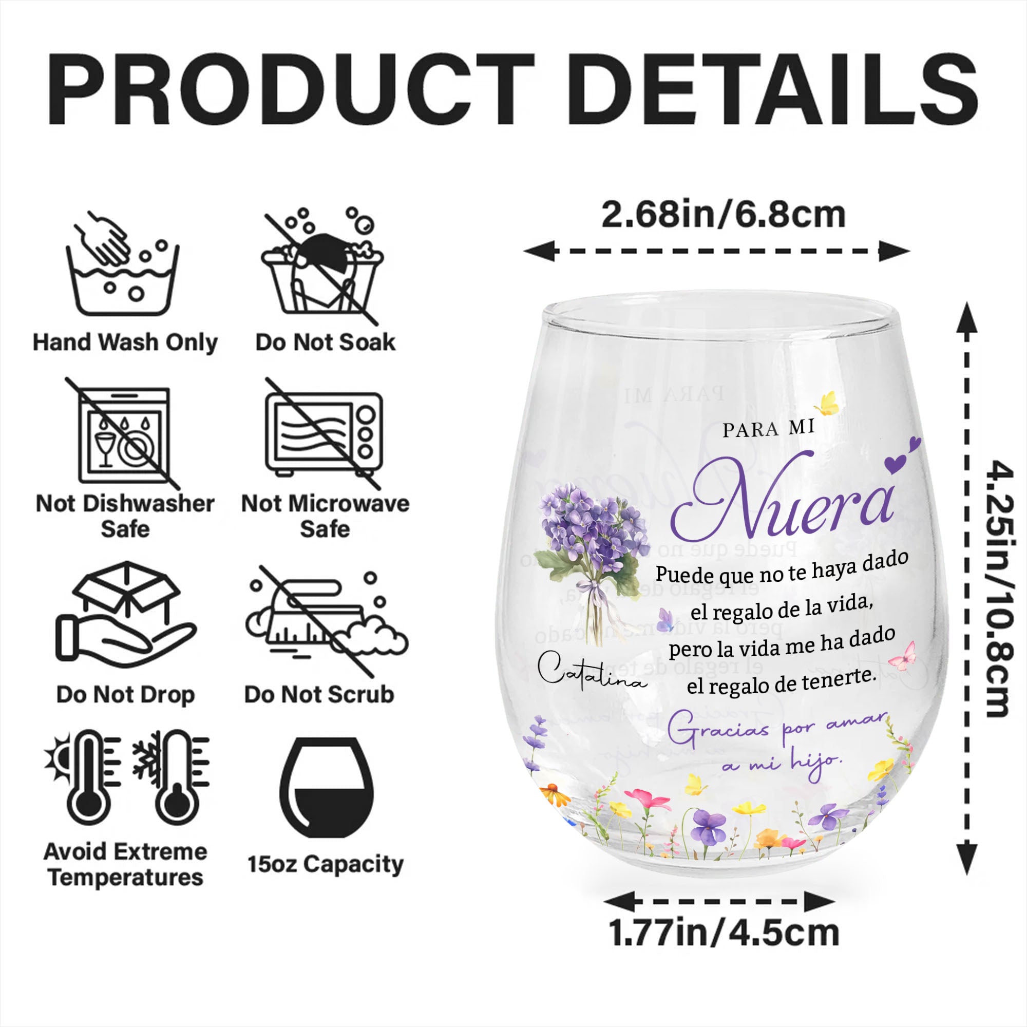 Personalized Stemless Wine Glass Custom Birth Month Flowers Gift for Daughter-in-Law