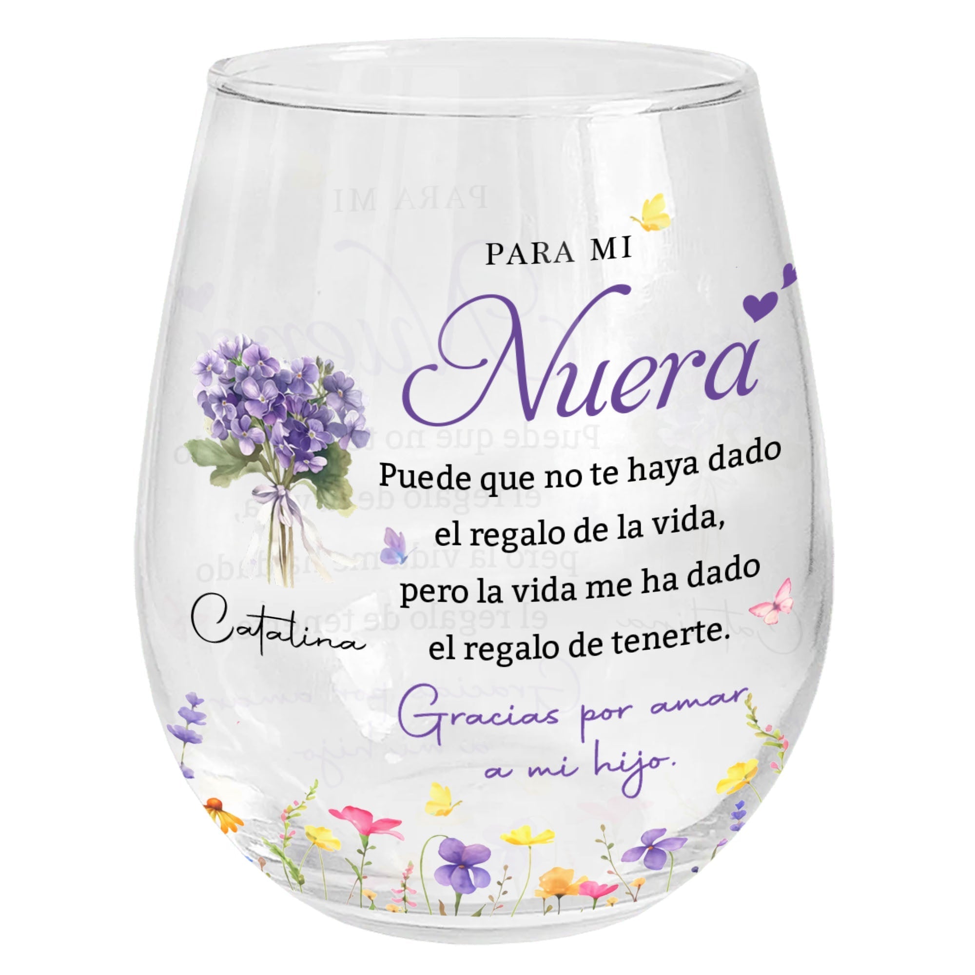 Personalized Stemless Wine Glass Custom Birth Month Flowers Gift for Daughter-in-Law