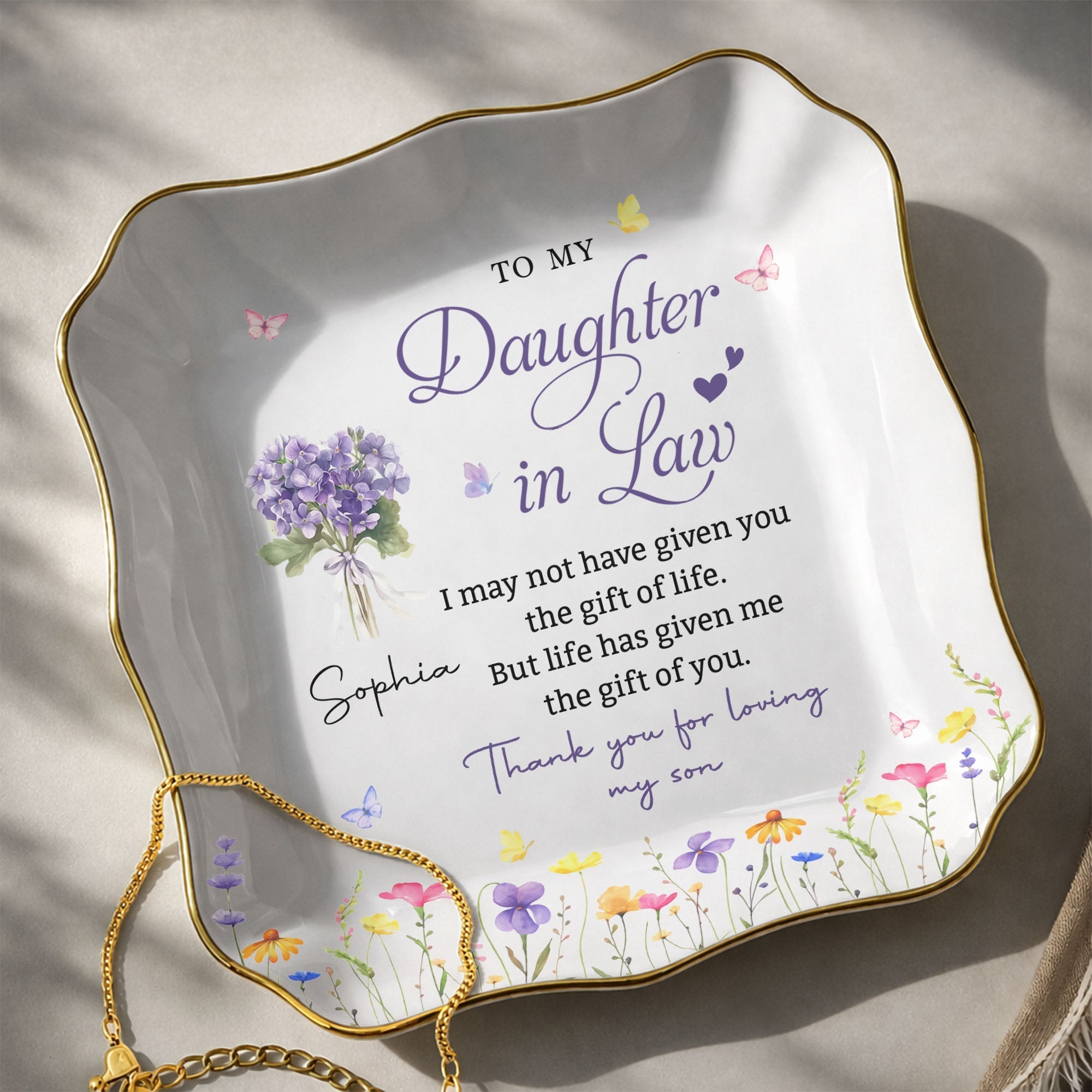 Personalized Lace Jewelry Dish with Birth Month Flowers Gift for Daughter-in-Law