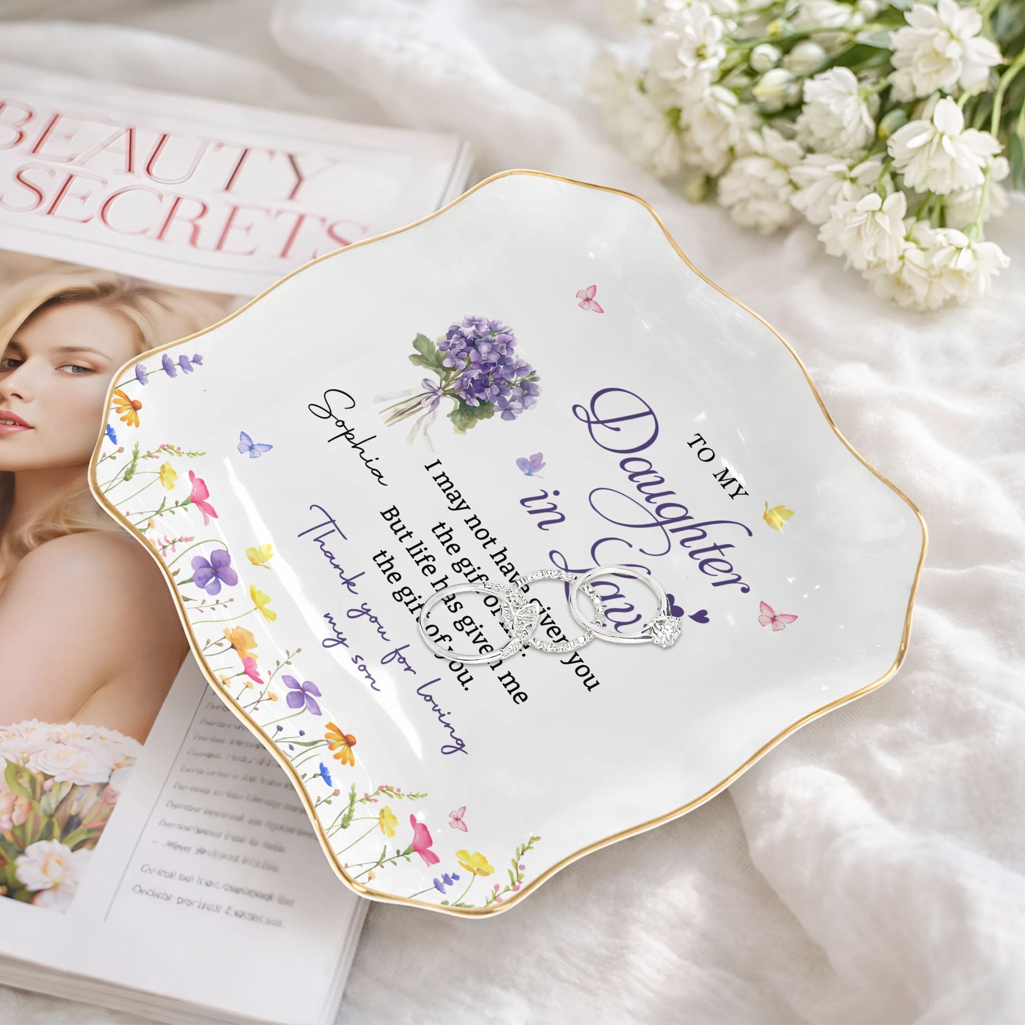Personalized Lace Jewelry Dish with Birth Month Flowers Gift for Daughter-in-Law