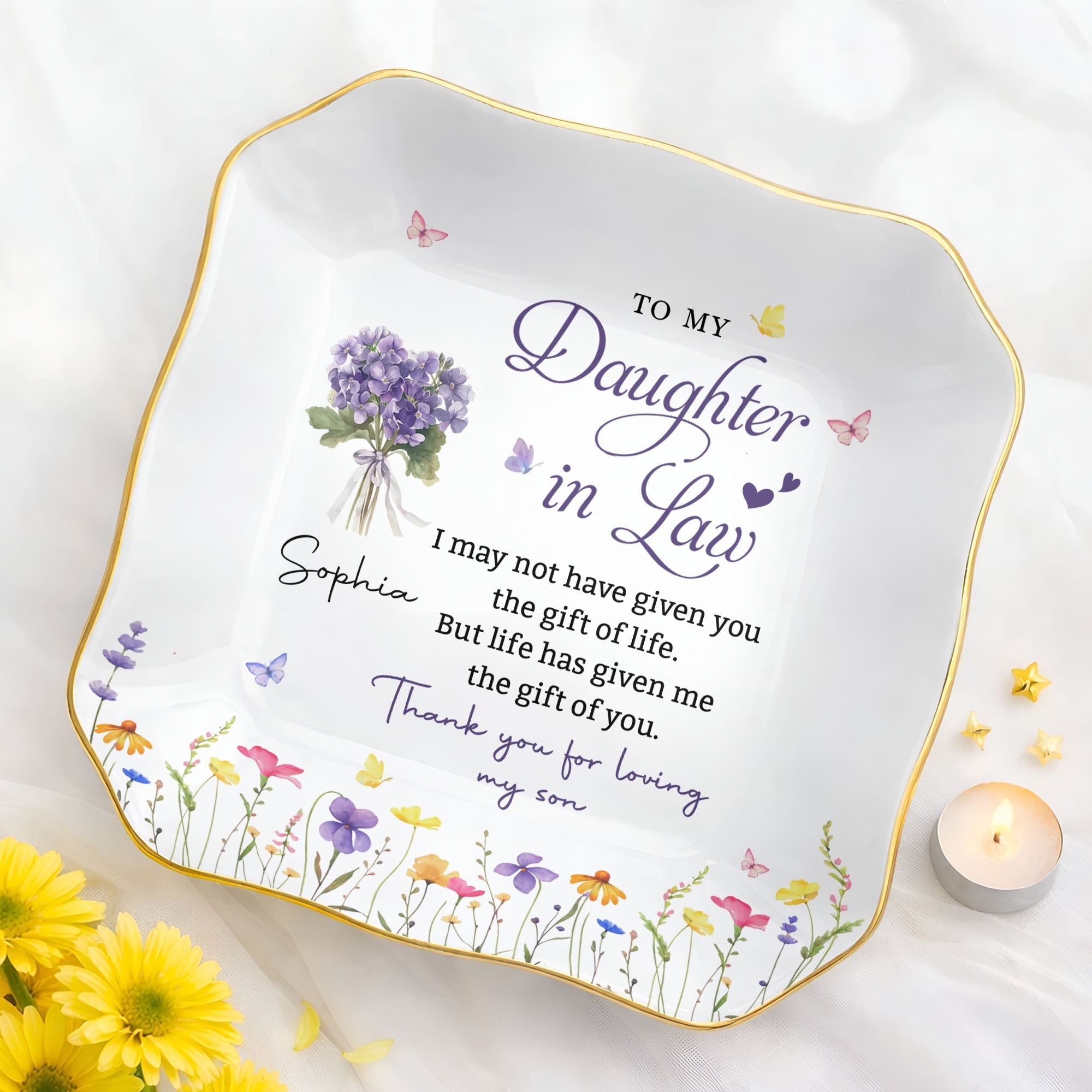 Personalized Lace Jewelry Dish with Birth Month Flowers Gift for Daughter-in-Law