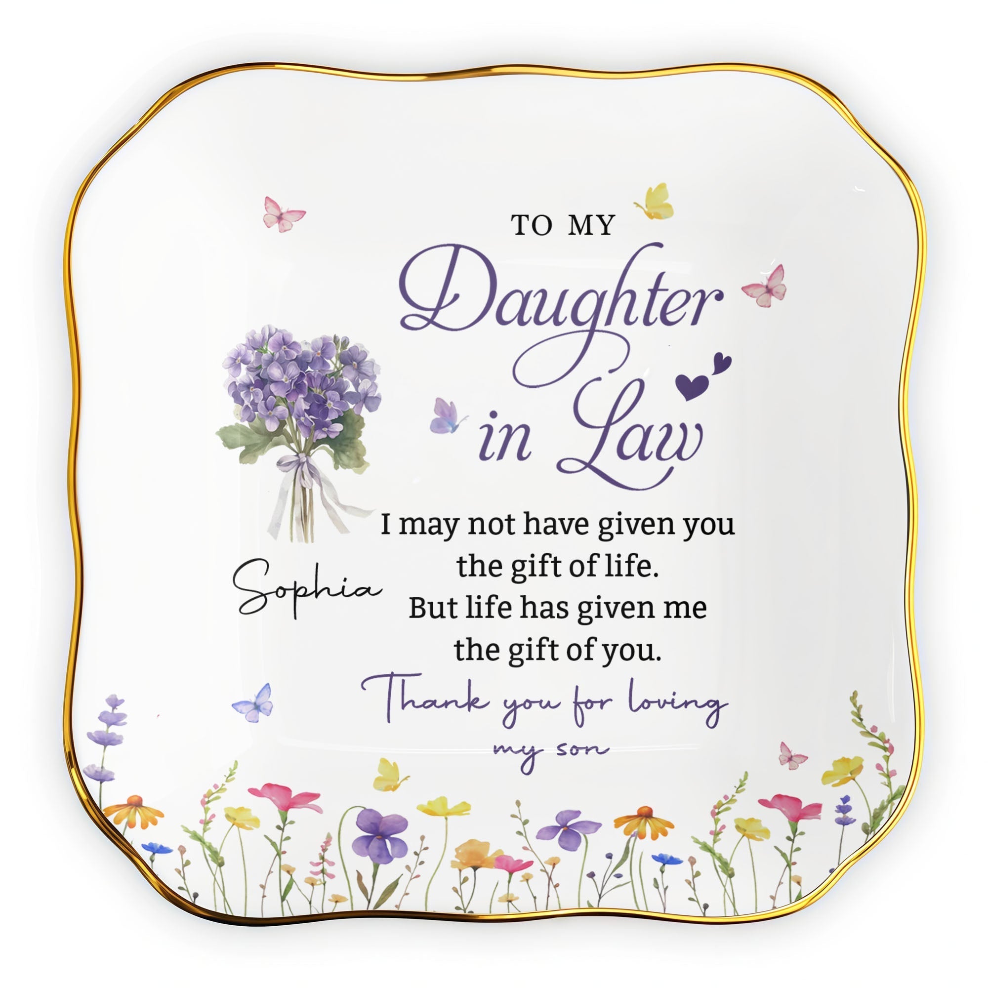 Personalized Lace Jewelry Dish with Birth Month Flowers Gift for Daughter-in-Law