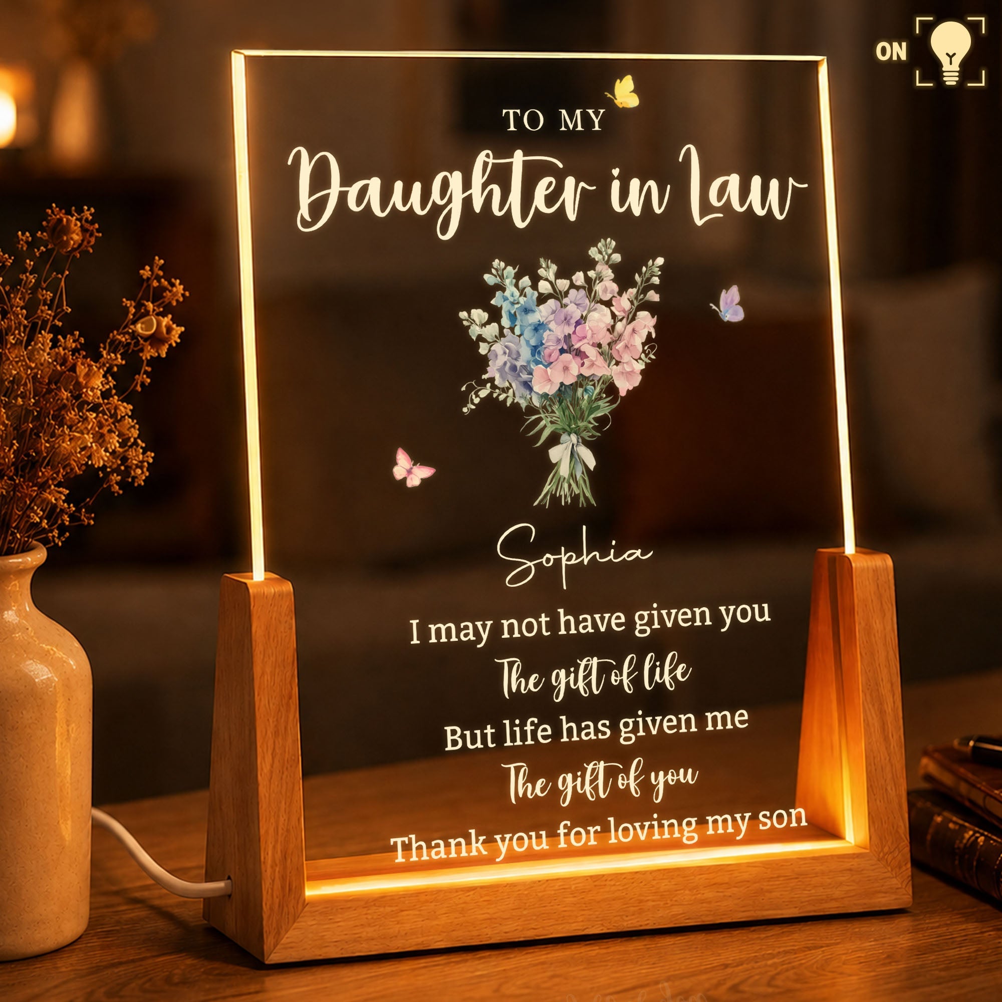 Personalized Acrylic Night Light Custom Floral Gift for Daughter In Law