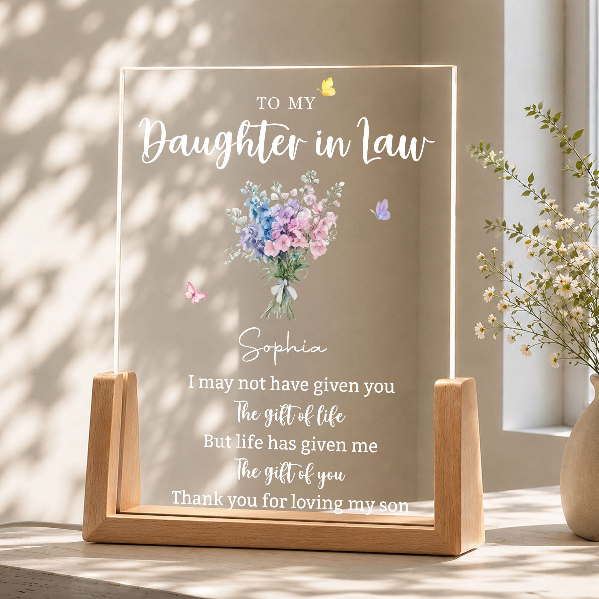 Personalized Acrylic Night Light Custom Floral Gift for Daughter In Law