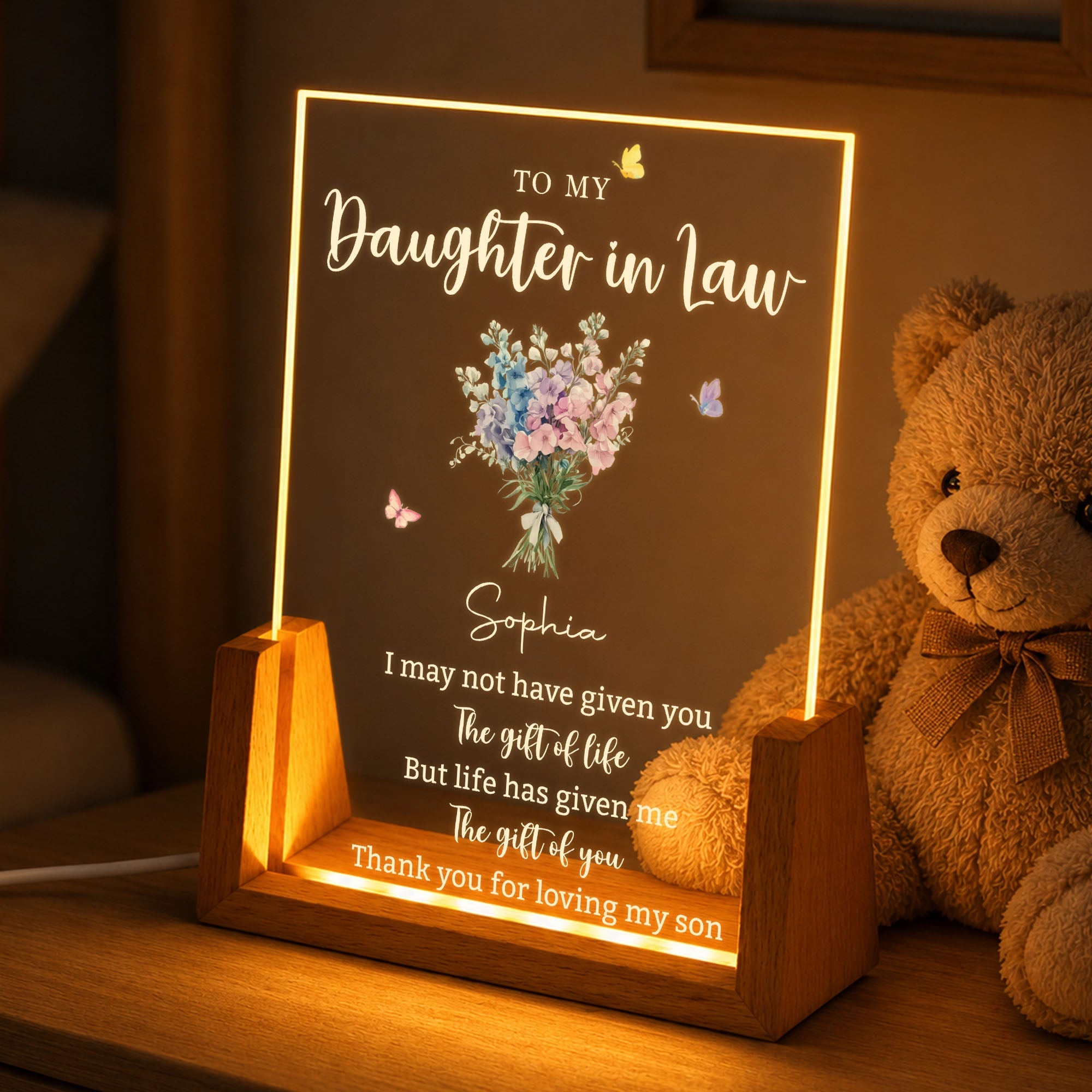 Personalized Acrylic Night Light Custom Floral Gift for Daughter In Law