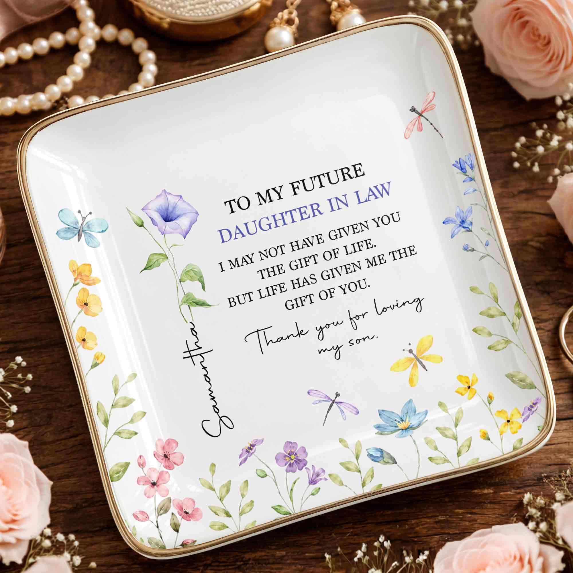 Personalized Square Ceramic Jewelry Dish Gift for Future Daughter-in-Law