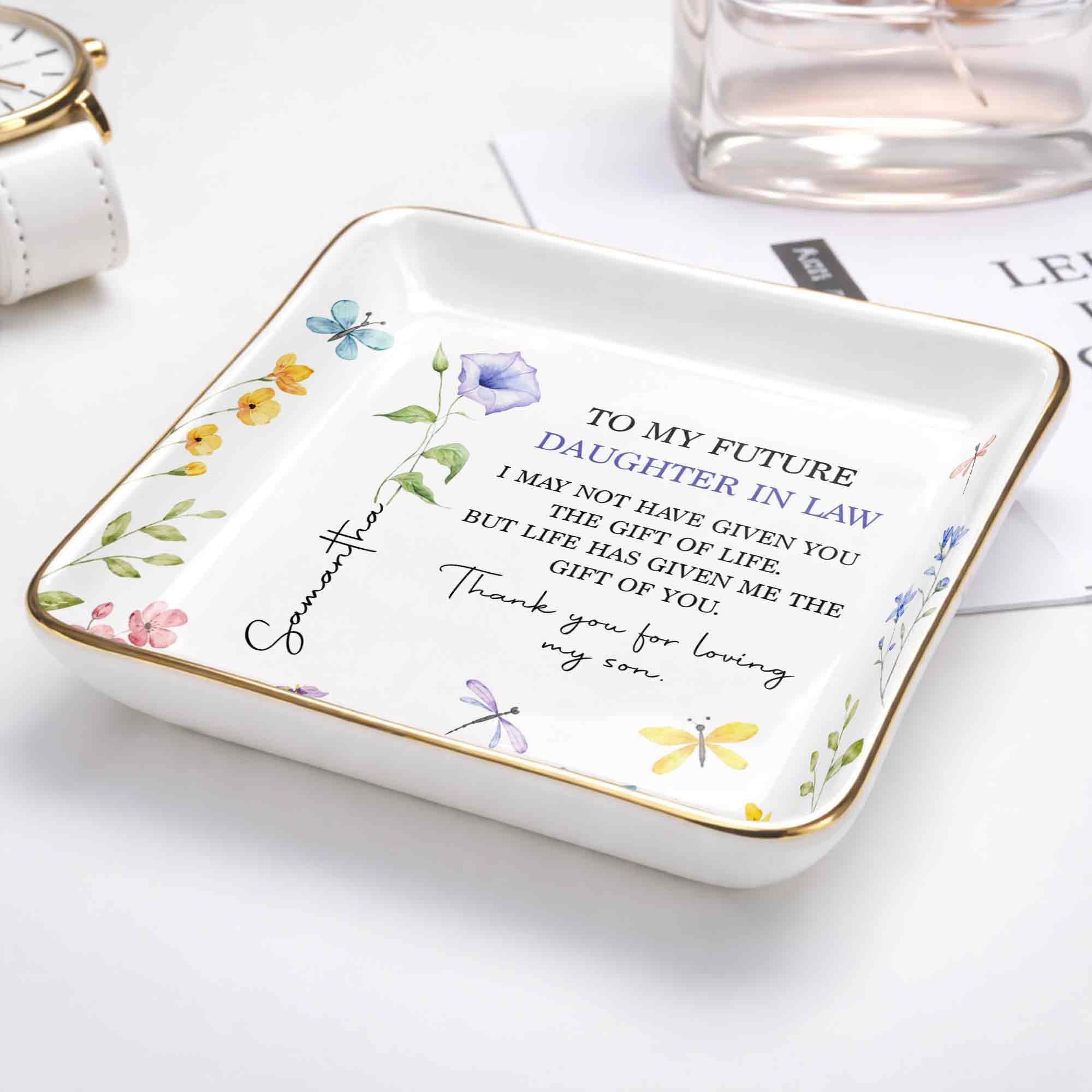 Personalized Square Ceramic Jewelry Dish Gift for Future Daughter-in-Law