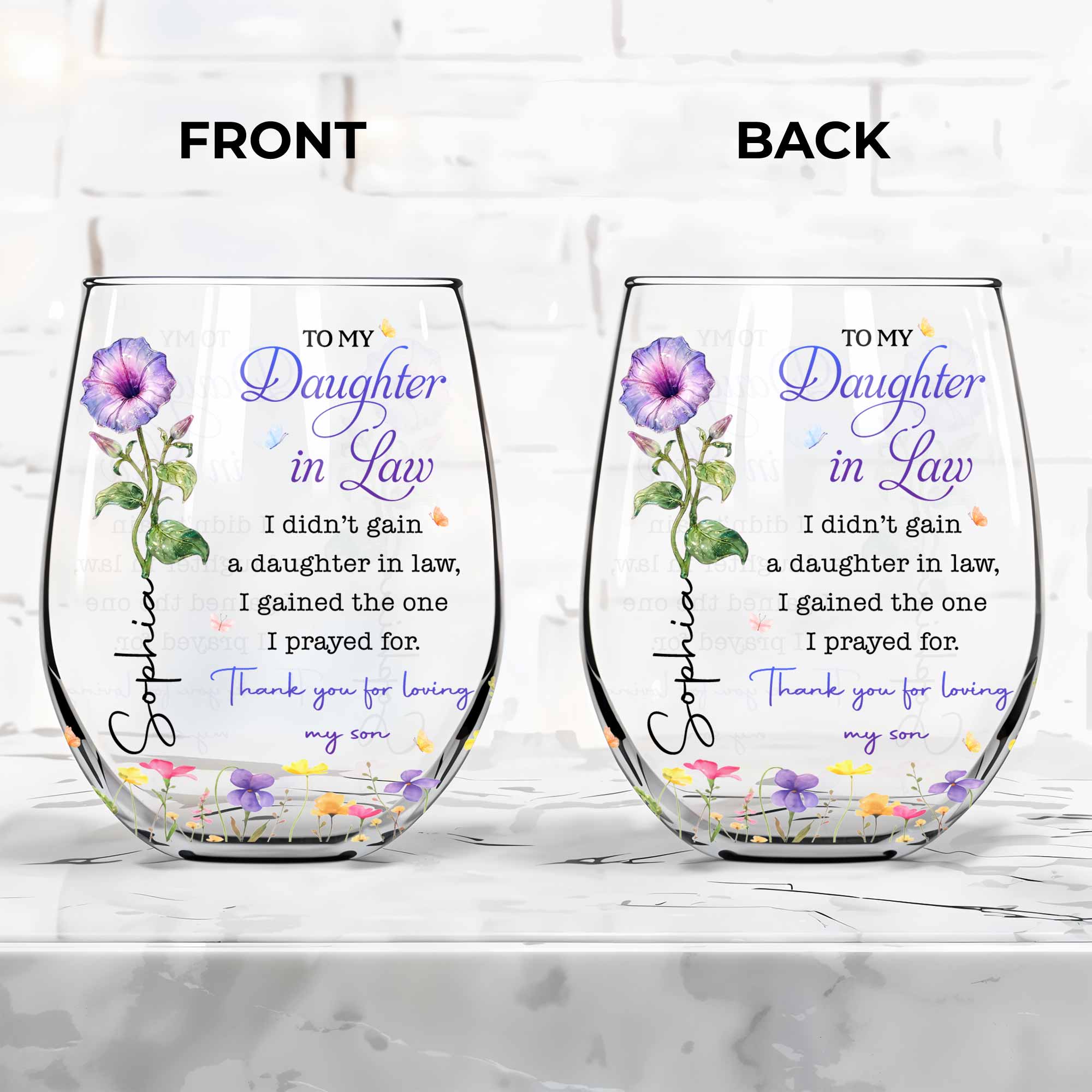 Personalized Stemless Wine Glass Custom Gift for Daughter-in-Law