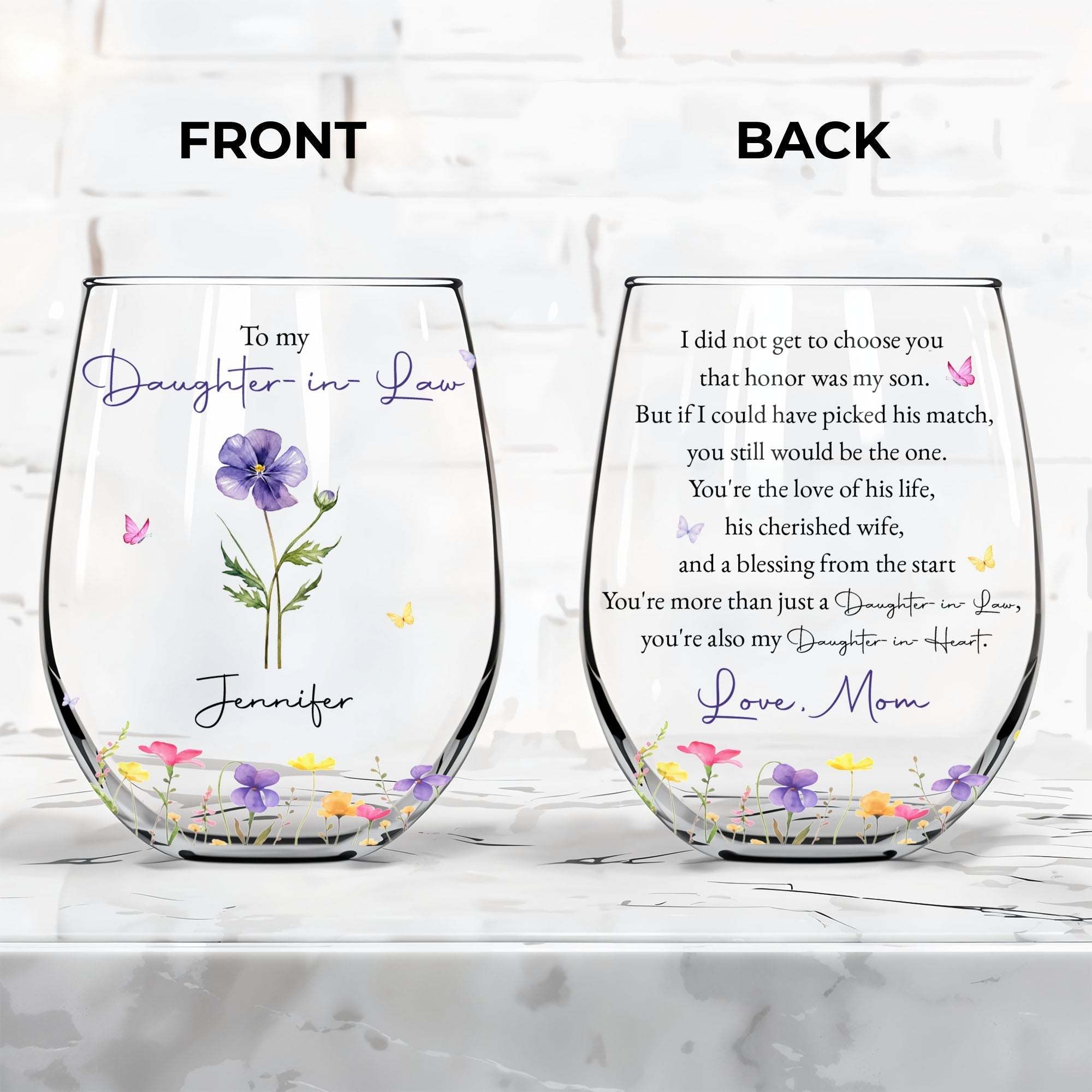 Personalized Stemless Wine Glass Custom Name Gift for Daughter-in-Law