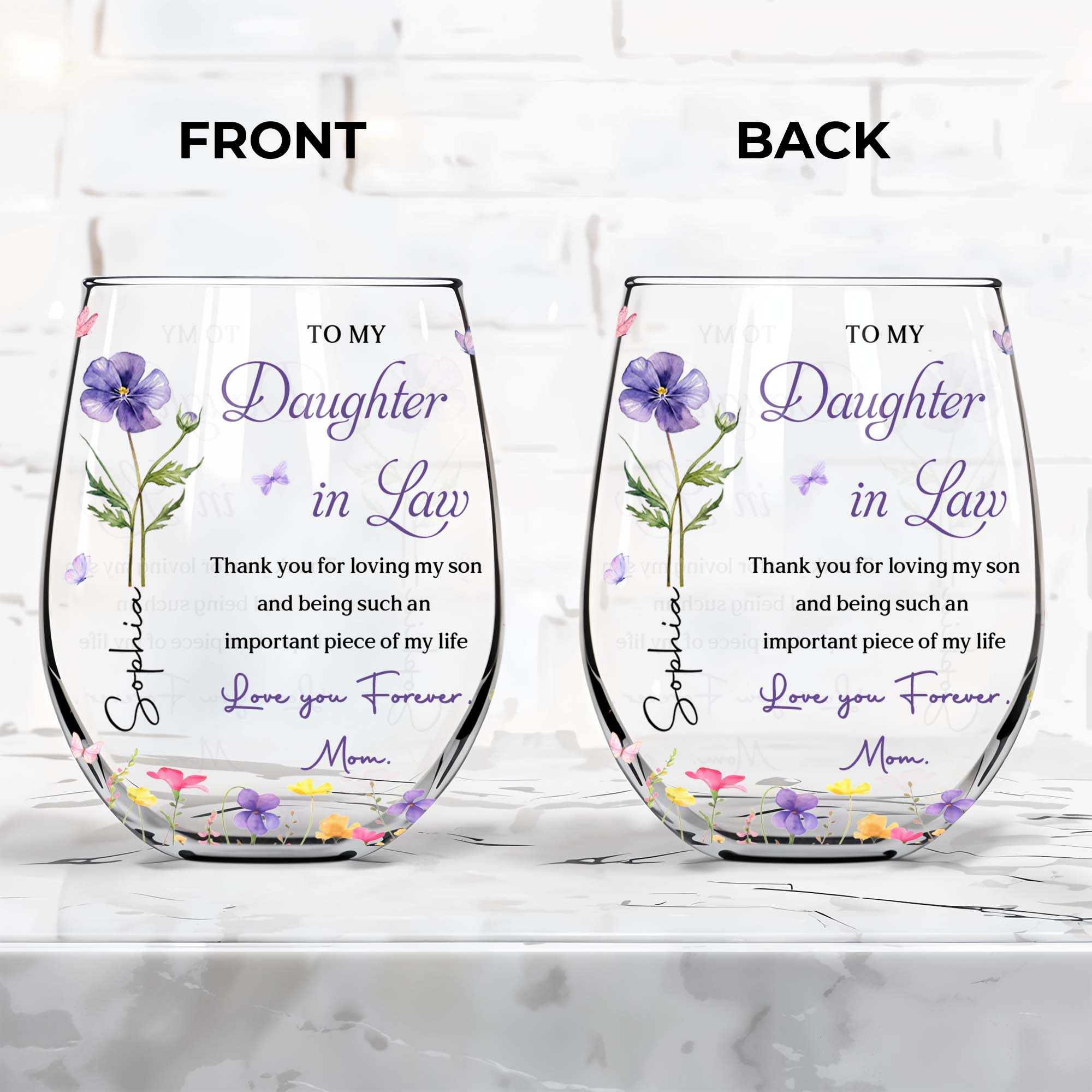 Personalized Stemless Wine Glass Custom Name Gift for Daughter-in-Law