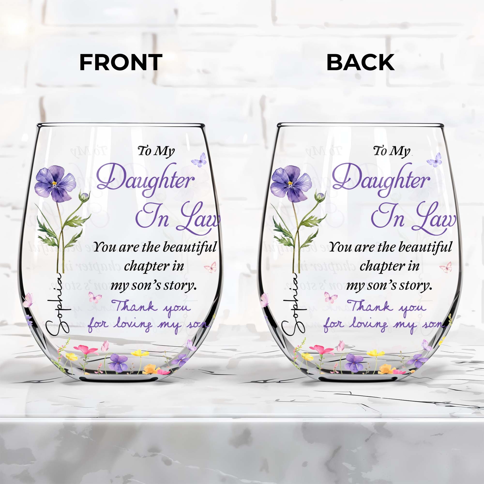 Personalized Stemless Wine Glass Custom Name Gift for Daughter-in-Law