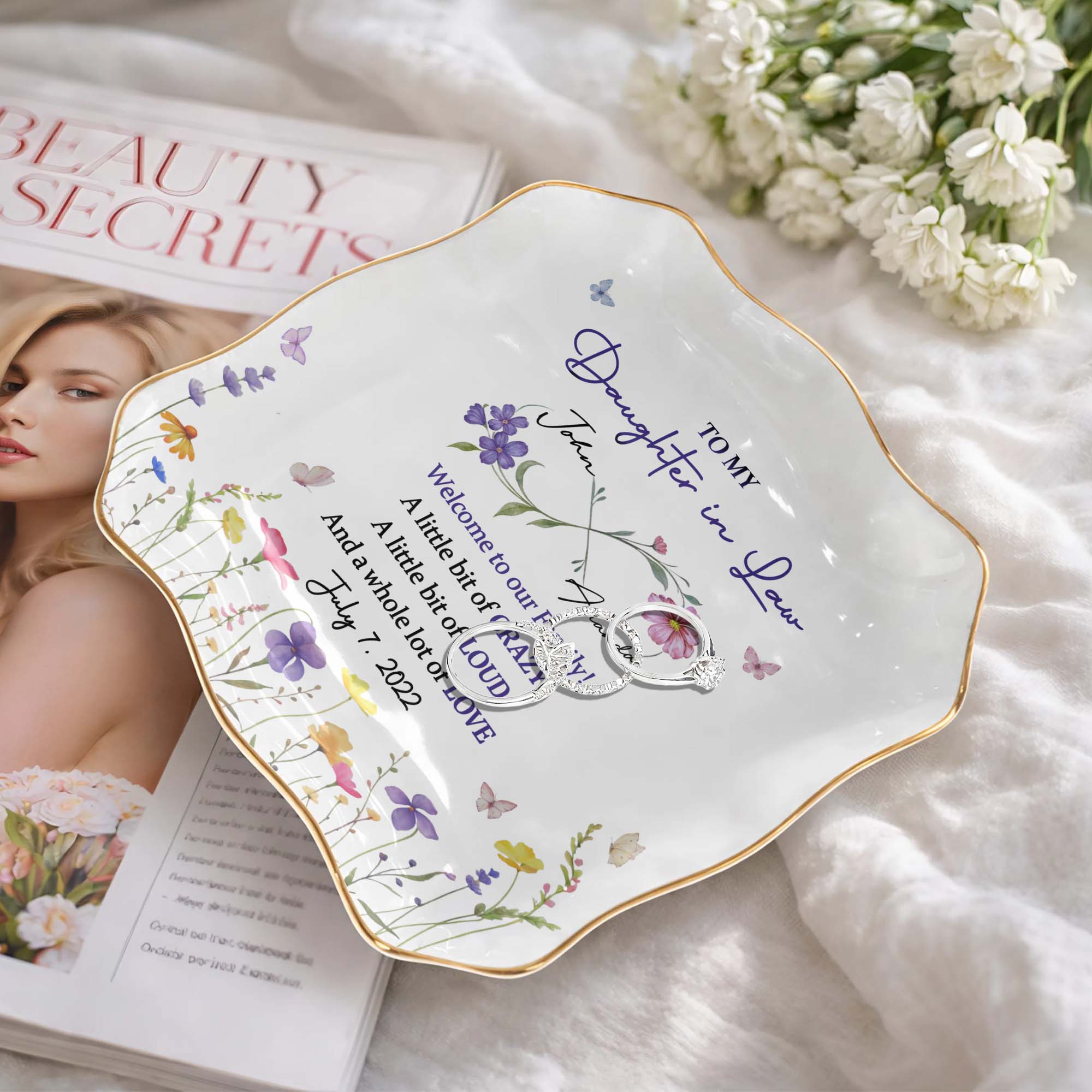 Personalized Lace Square Jewelry Dish Custom Name Gift for Daughter-in-Law