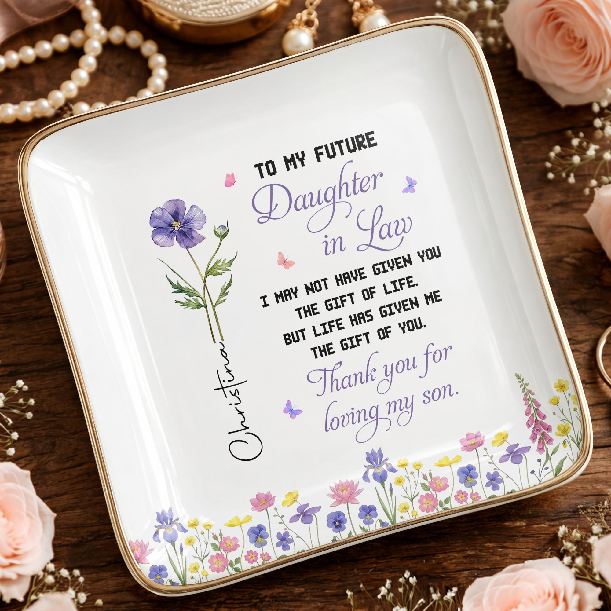 Personalized Ceramic Jewelry Dish Birth Month Flower Gift for Future Daughter-In-Law