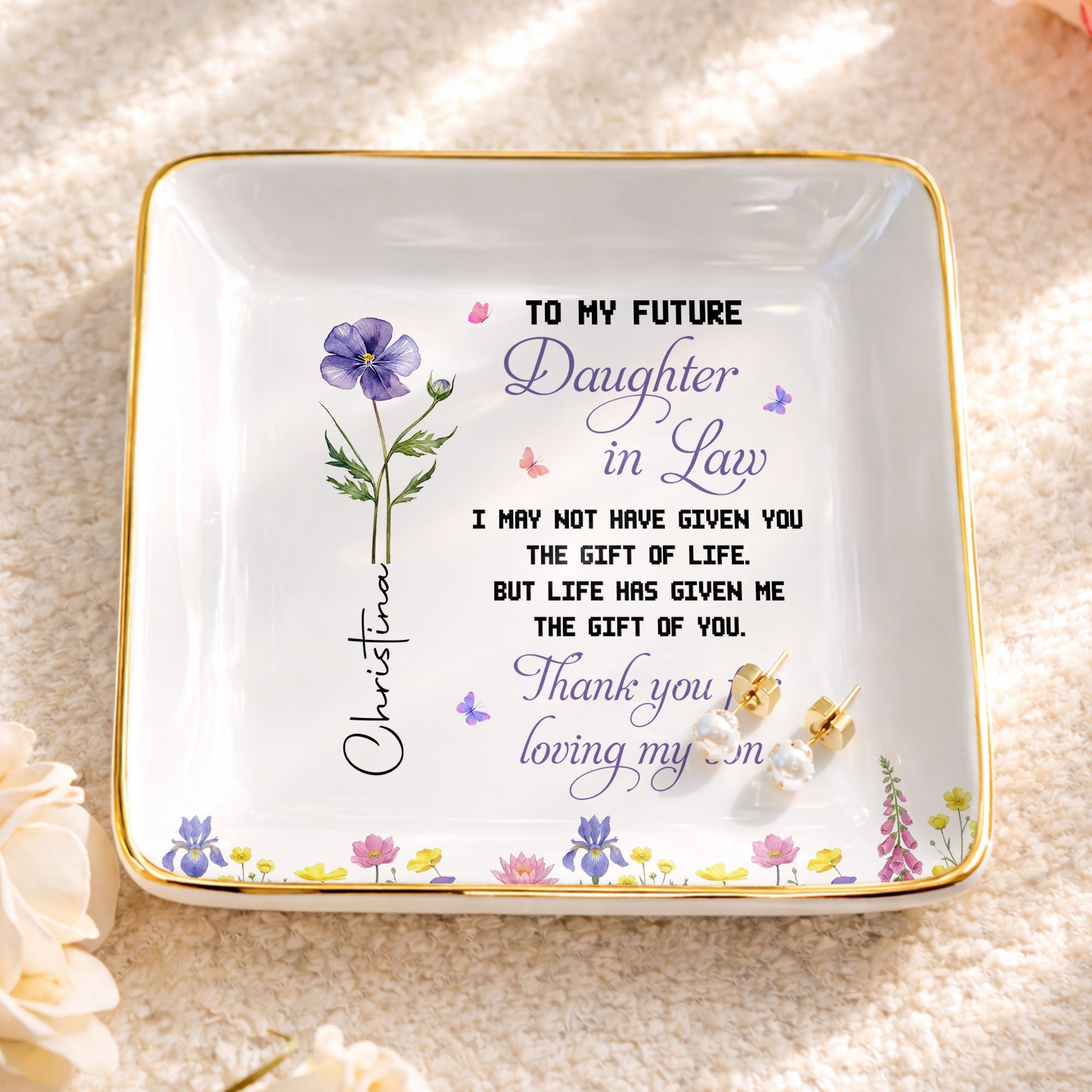 Personalized Ceramic Jewelry Dish Birth Month Flower Gift for Future Daughter-In-Law