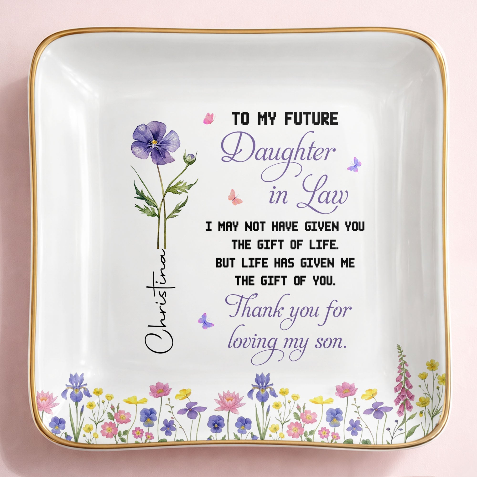Personalized Ceramic Jewelry Dish Birth Month Flower Gift for Future Daughter-In-Law