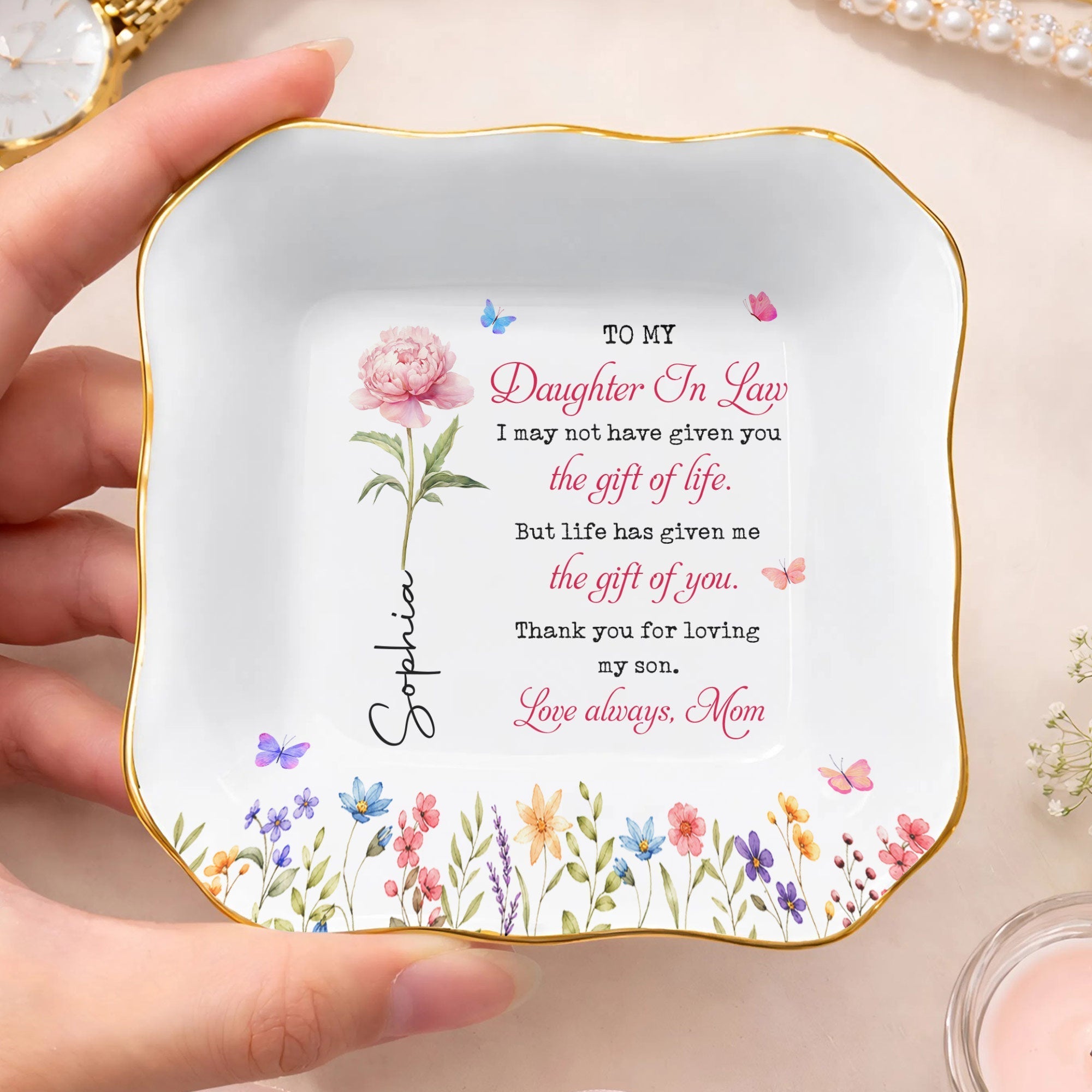 Personalized Lace Jewelry Dish Custom Name Gift for Daughter-in-Law