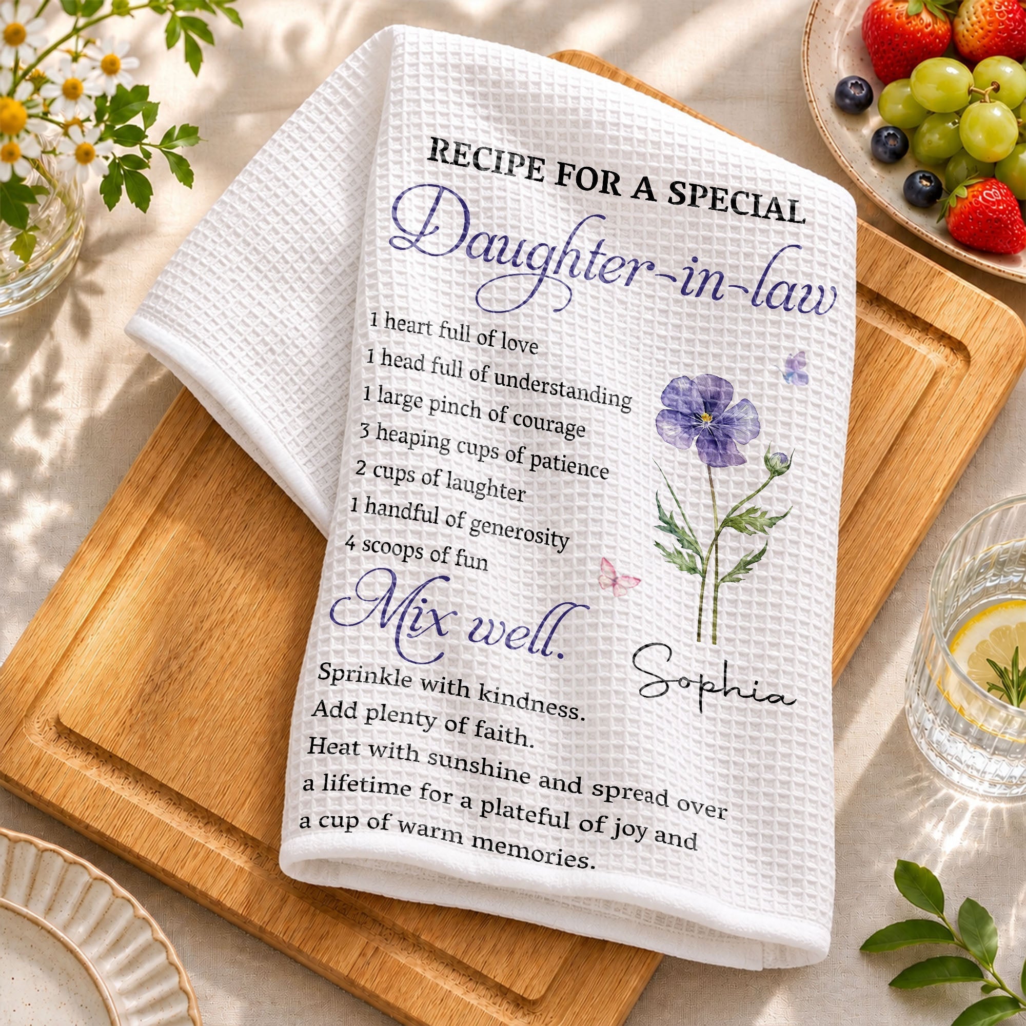 Personalized Kitchen Towel Custom Birth Month Flower Gift for Daughter-in-Law