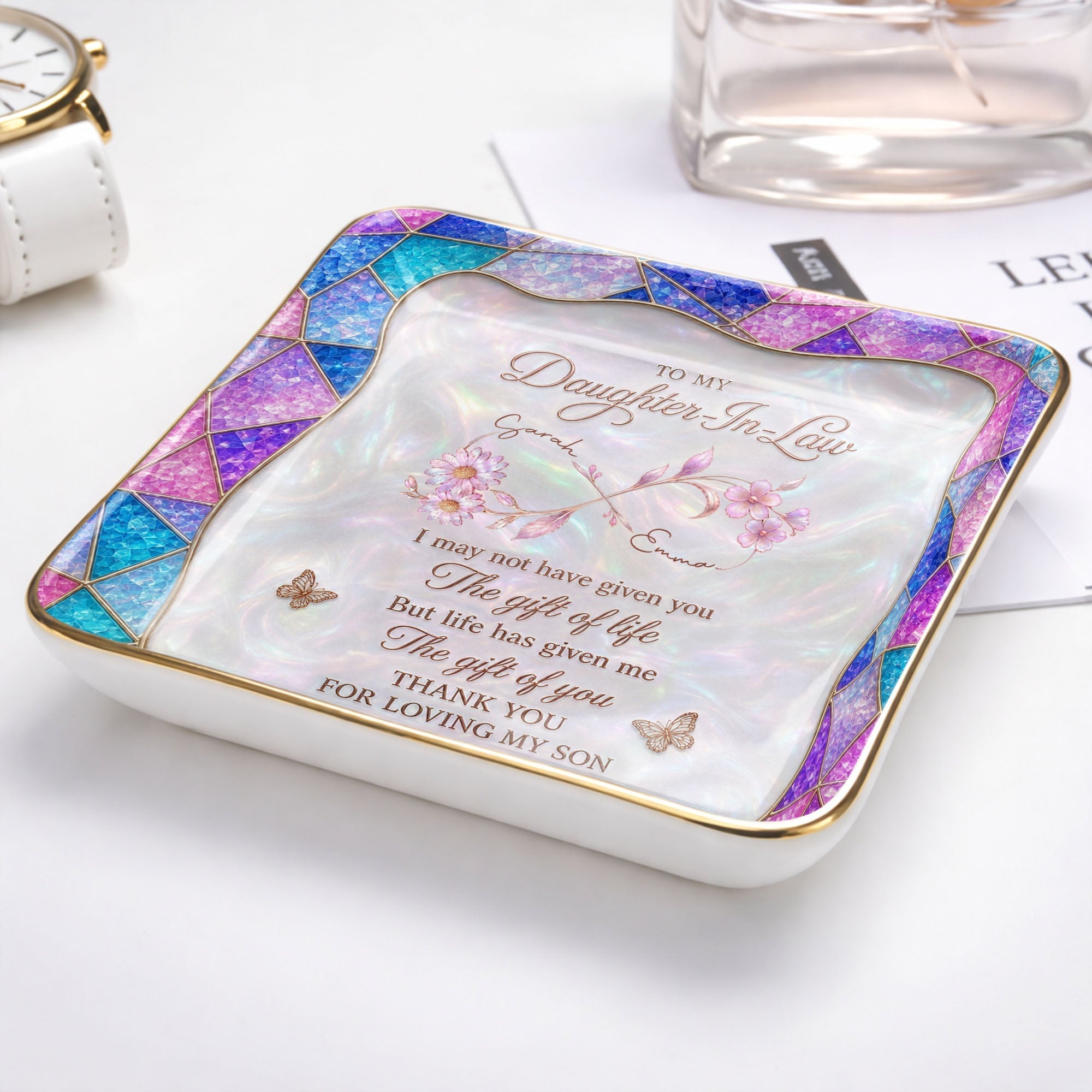 Personalized Jewelry Dish Custom Flowers Gift for Daughter-in-Law