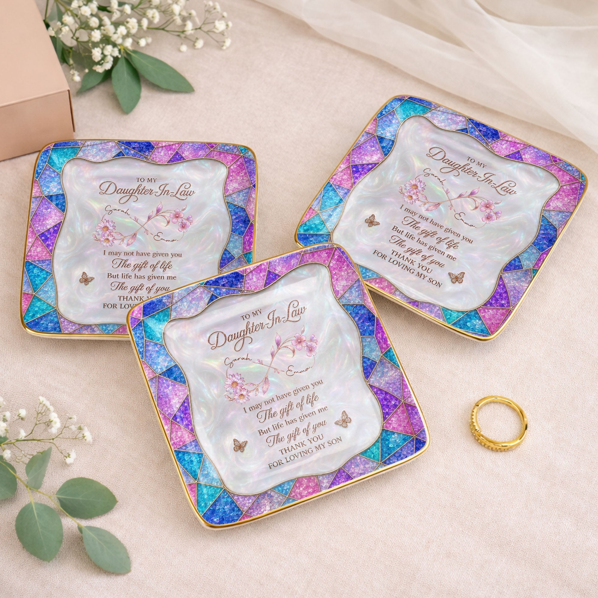Personalized Jewelry Dish Custom Flowers Gift for Daughter-in-Law