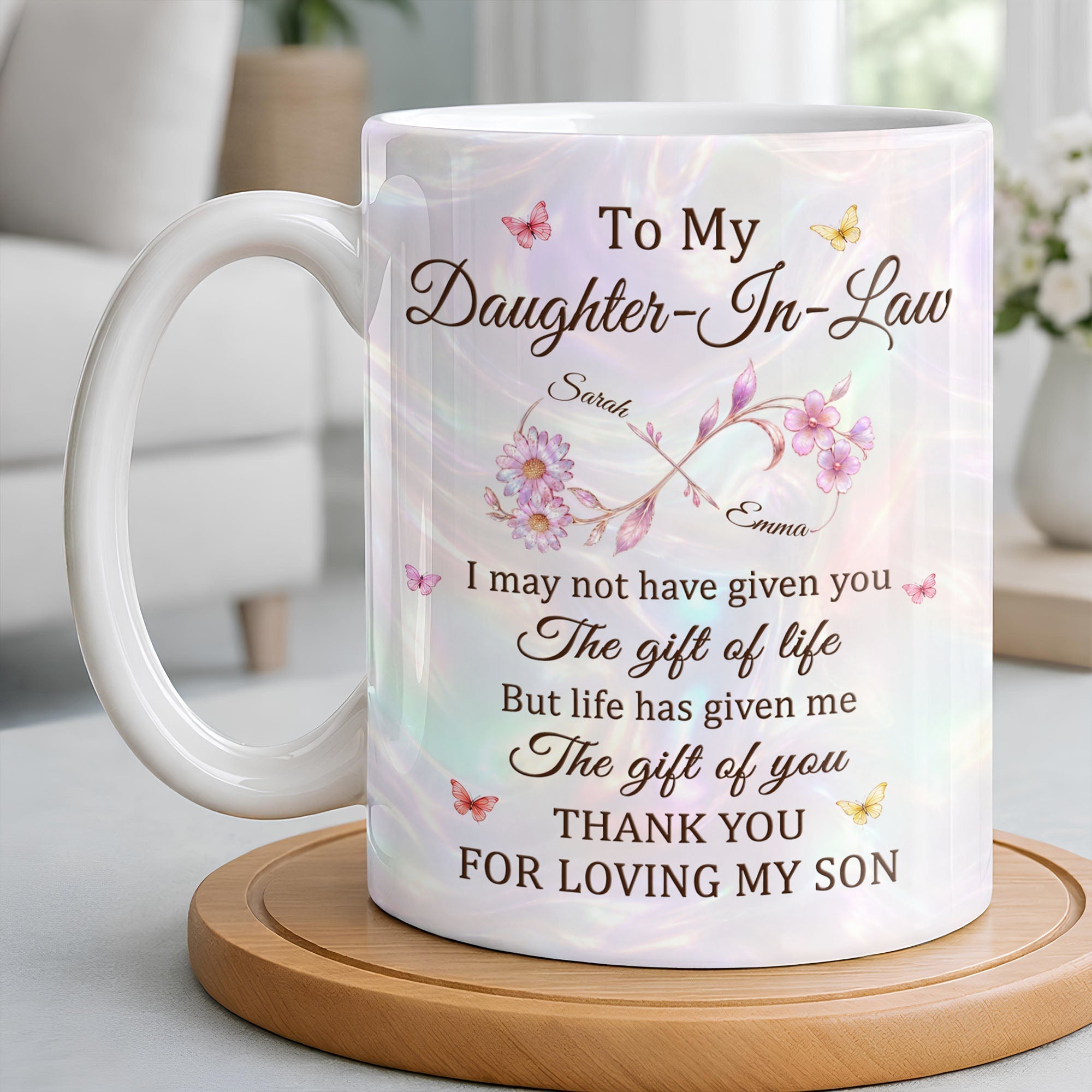 Personalized Infinity Flower Coffee Mug Custom Gift for Daughter-In-Law