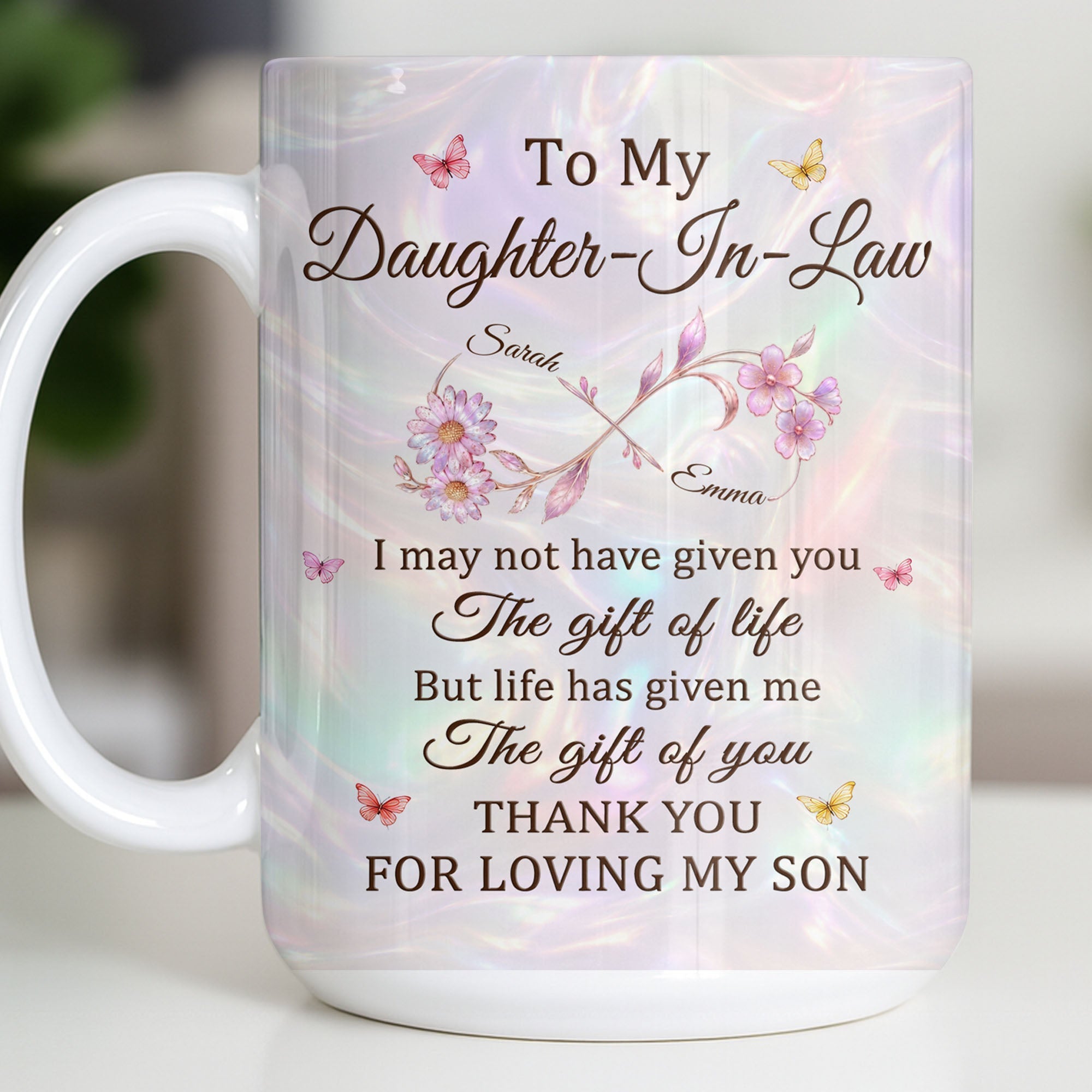 Personalized Infinity Flower Coffee Mug Custom Gift for Daughter-In-Law