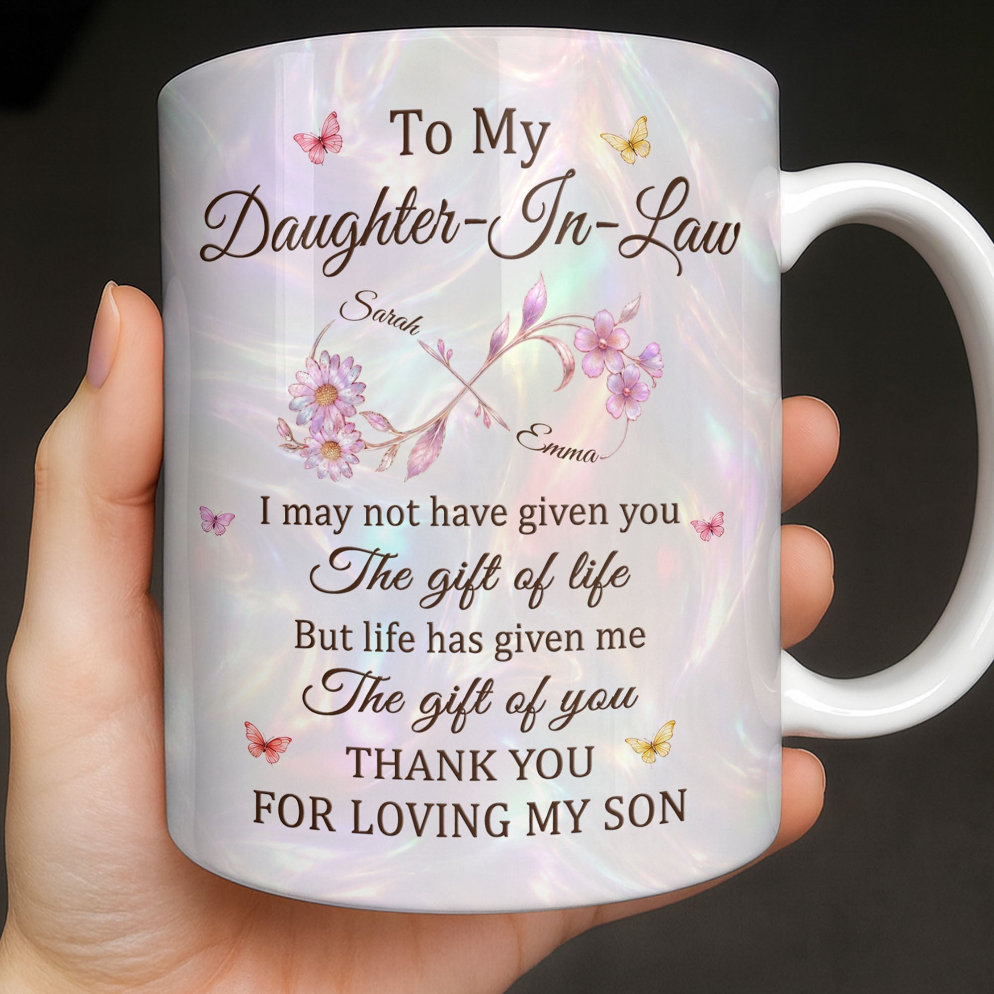 Personalized Infinity Flower Coffee Mug Custom Gift for Daughter-In-Law