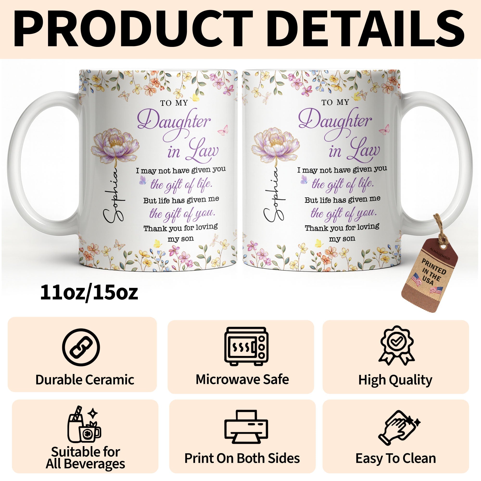 Personalized Coffee Mug Custom Floral Gift for Daughter-in-Law