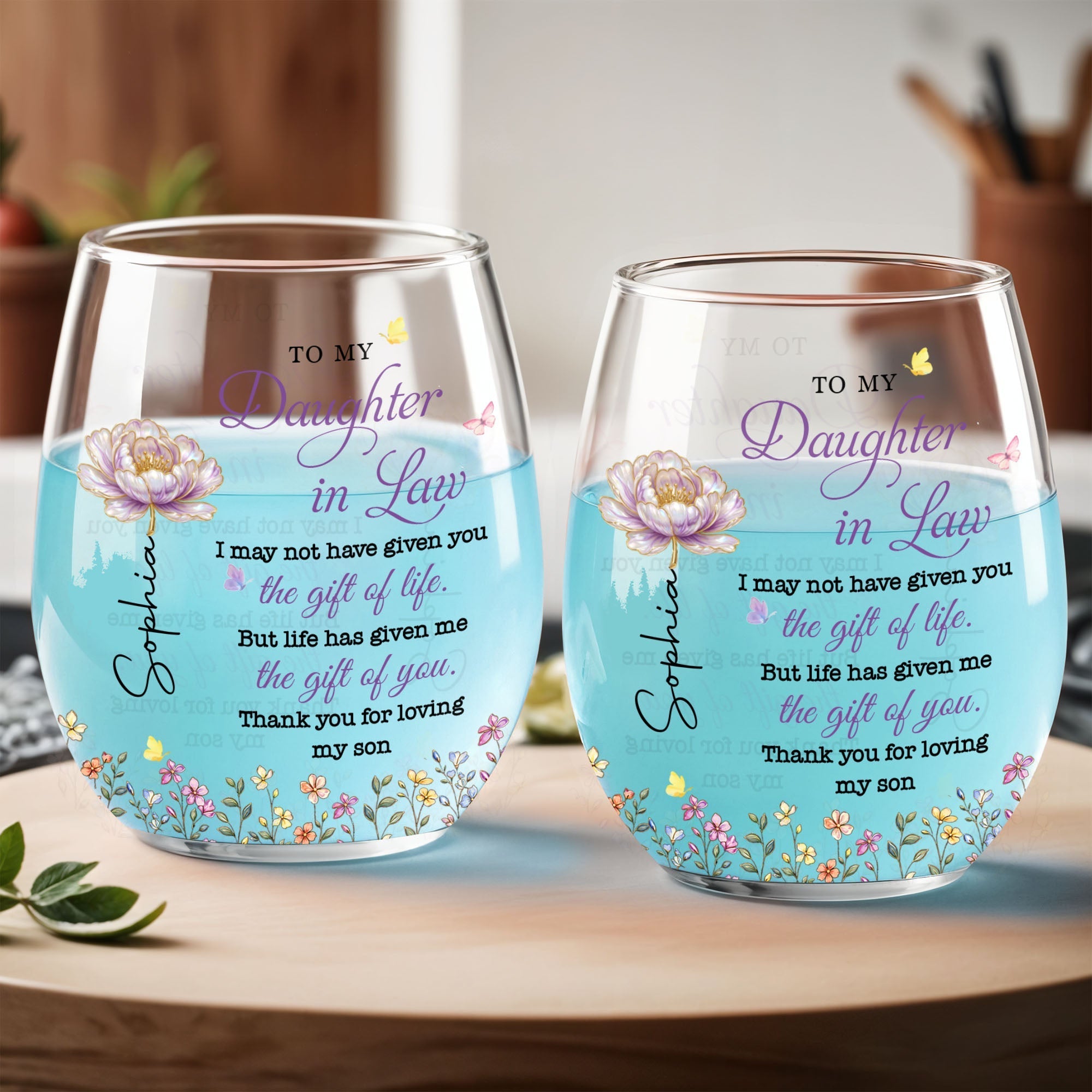 Personalized Stemless Wine Glass Custom Birth Month Flowers Gift for Daughter-in-Law