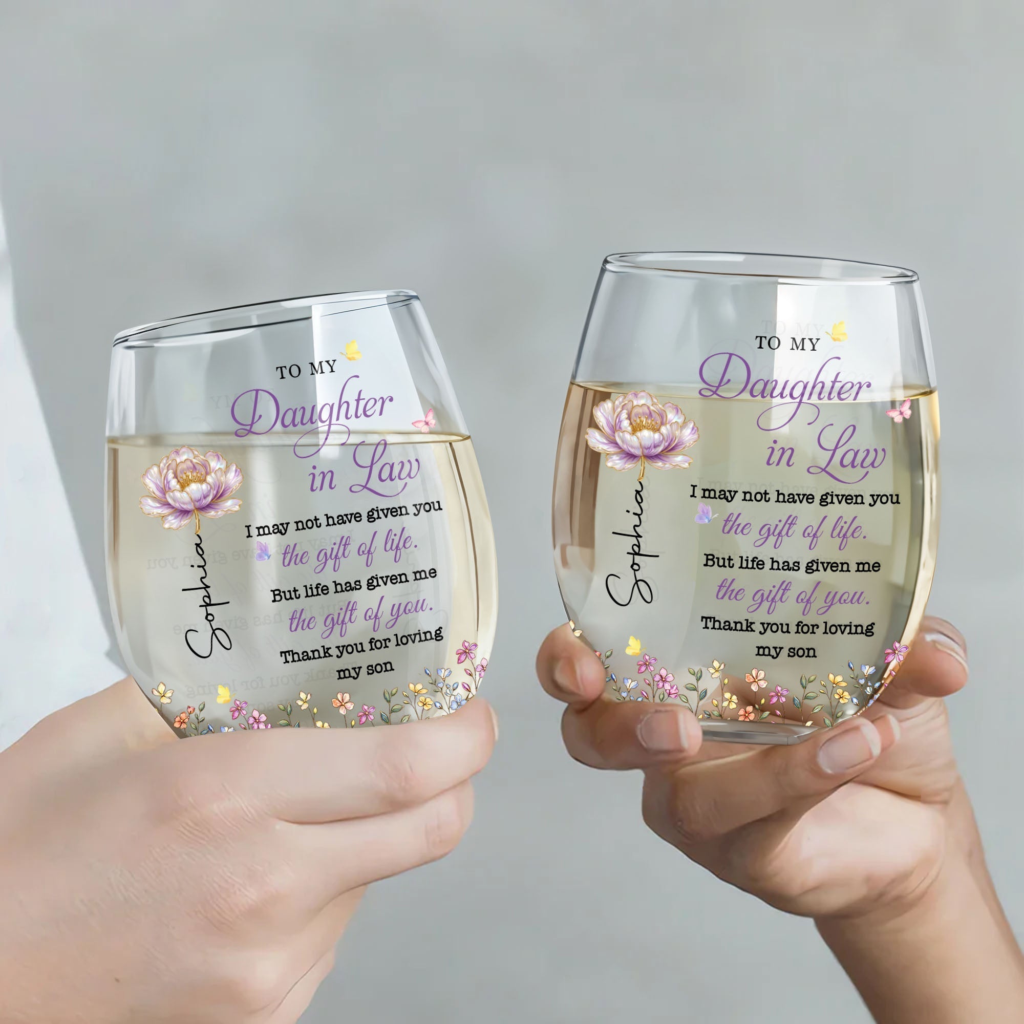 Personalized Stemless Wine Glass Custom Birth Month Flowers Gift for Daughter-in-Law