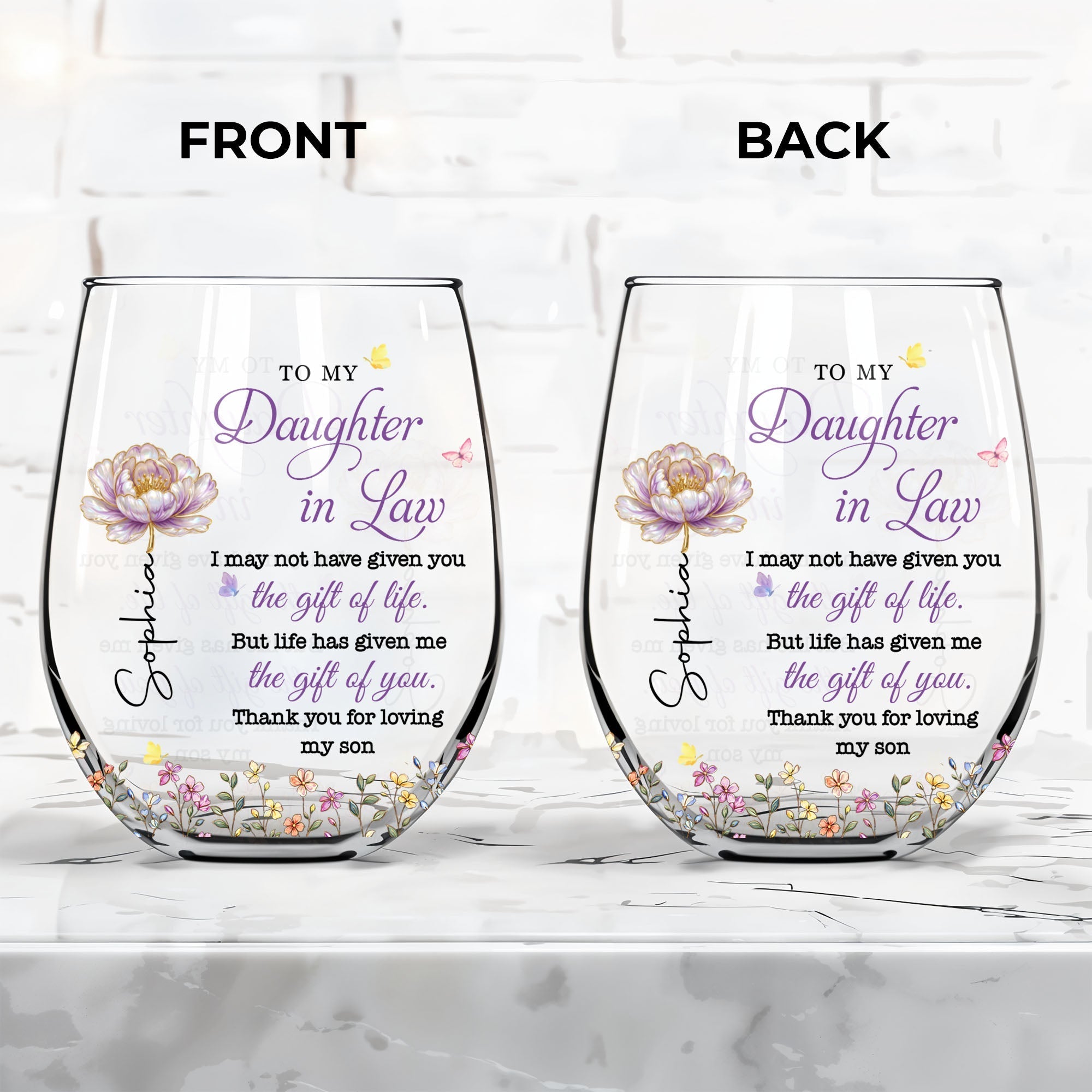 Personalized Stemless Wine Glass Custom Birth Month Flowers Gift for Daughter-in-Law