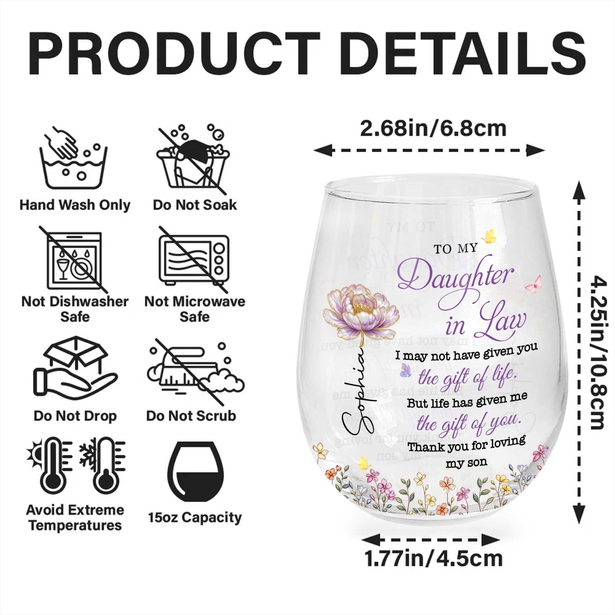 Personalized Stemless Wine Glass Custom Birth Month Flowers Gift for Daughter-in-Law