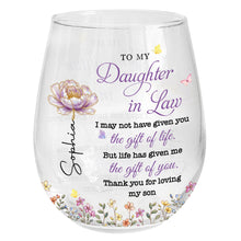 Load image into Gallery viewer, Personalized Stemless Wine Glass Custom Birth Month Flowers Gift for Daughter-in-Law
