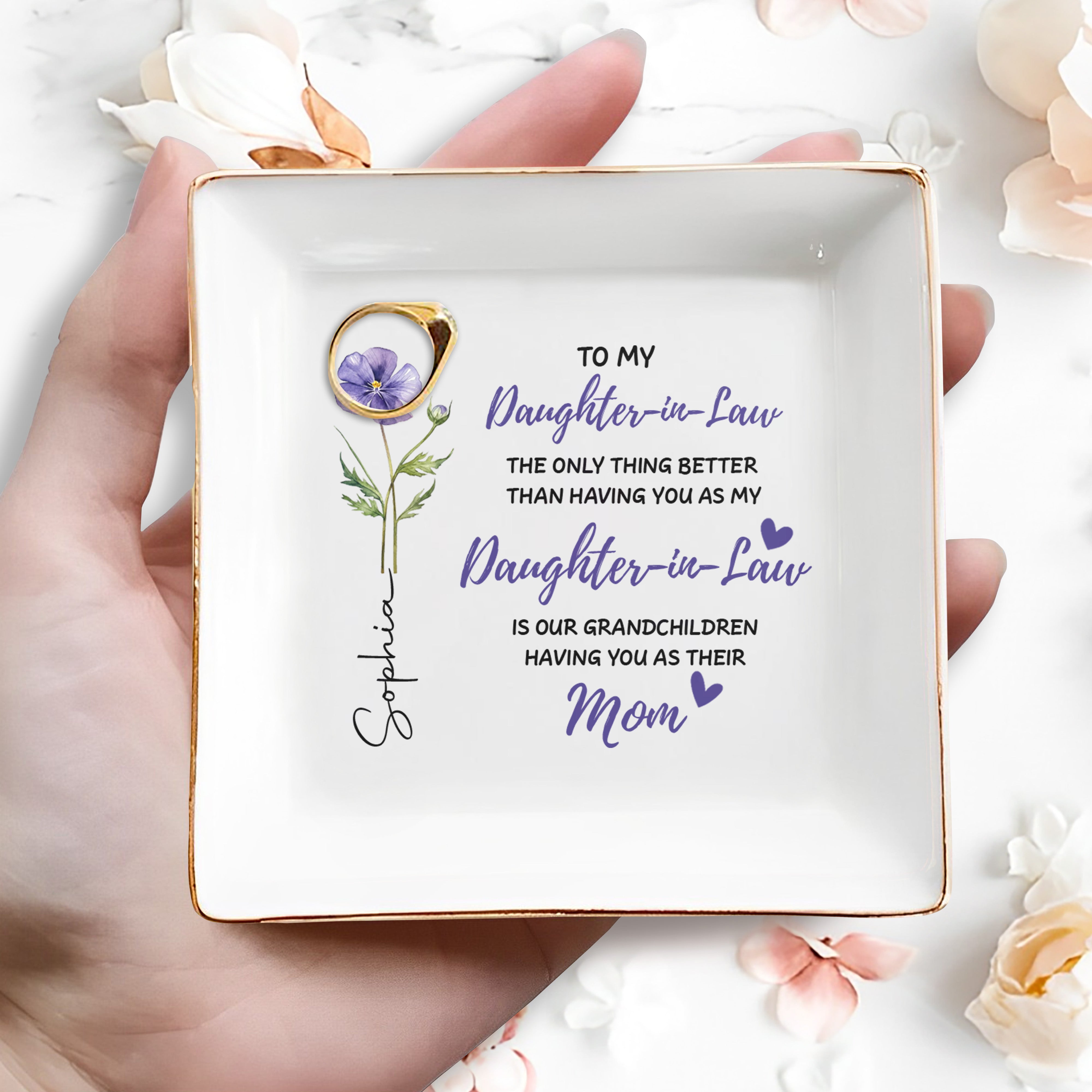 Personalized Floral Jewelry Dish Custom Message for Daughter-in-Law