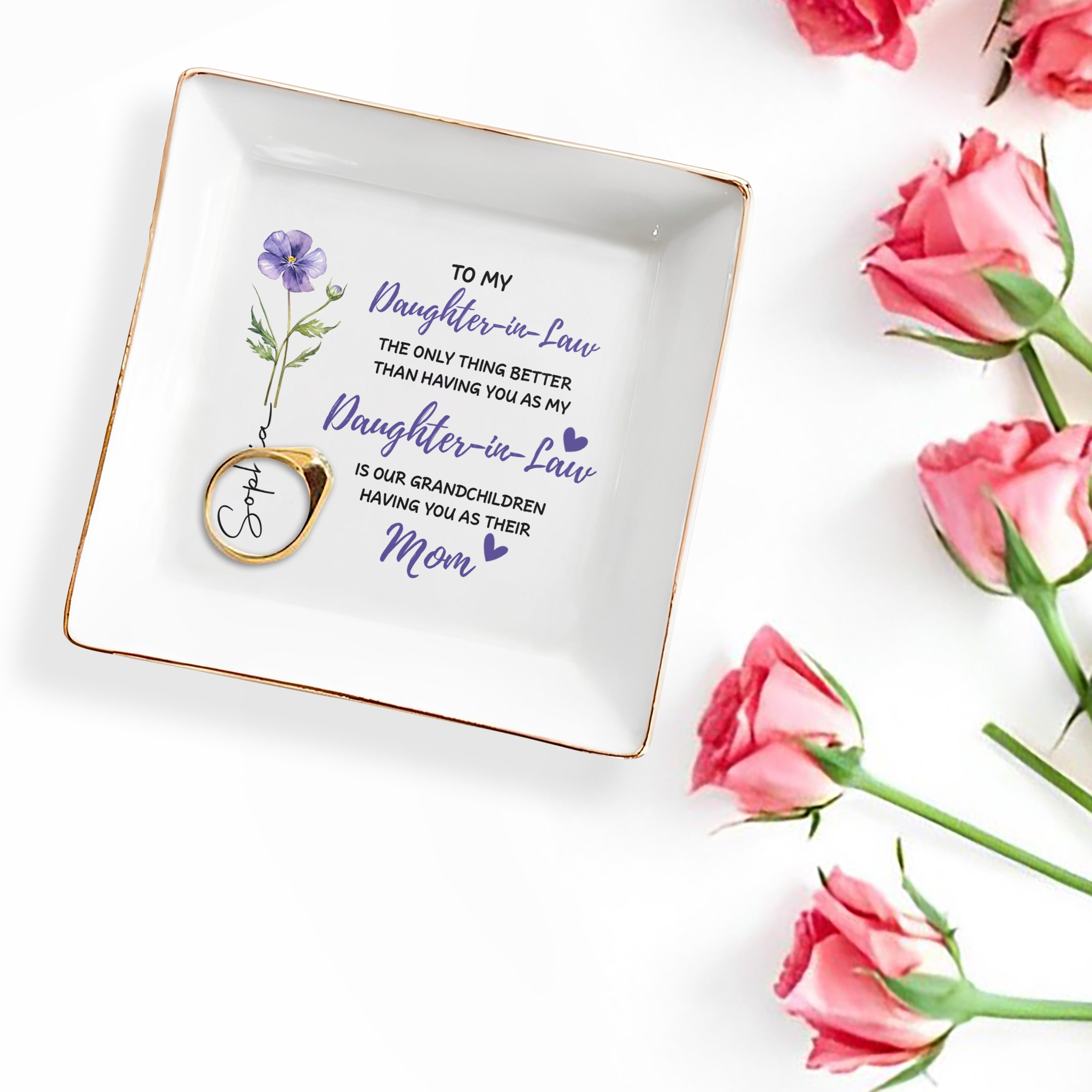 Personalized Floral Jewelry Dish Custom Message for Daughter-in-Law