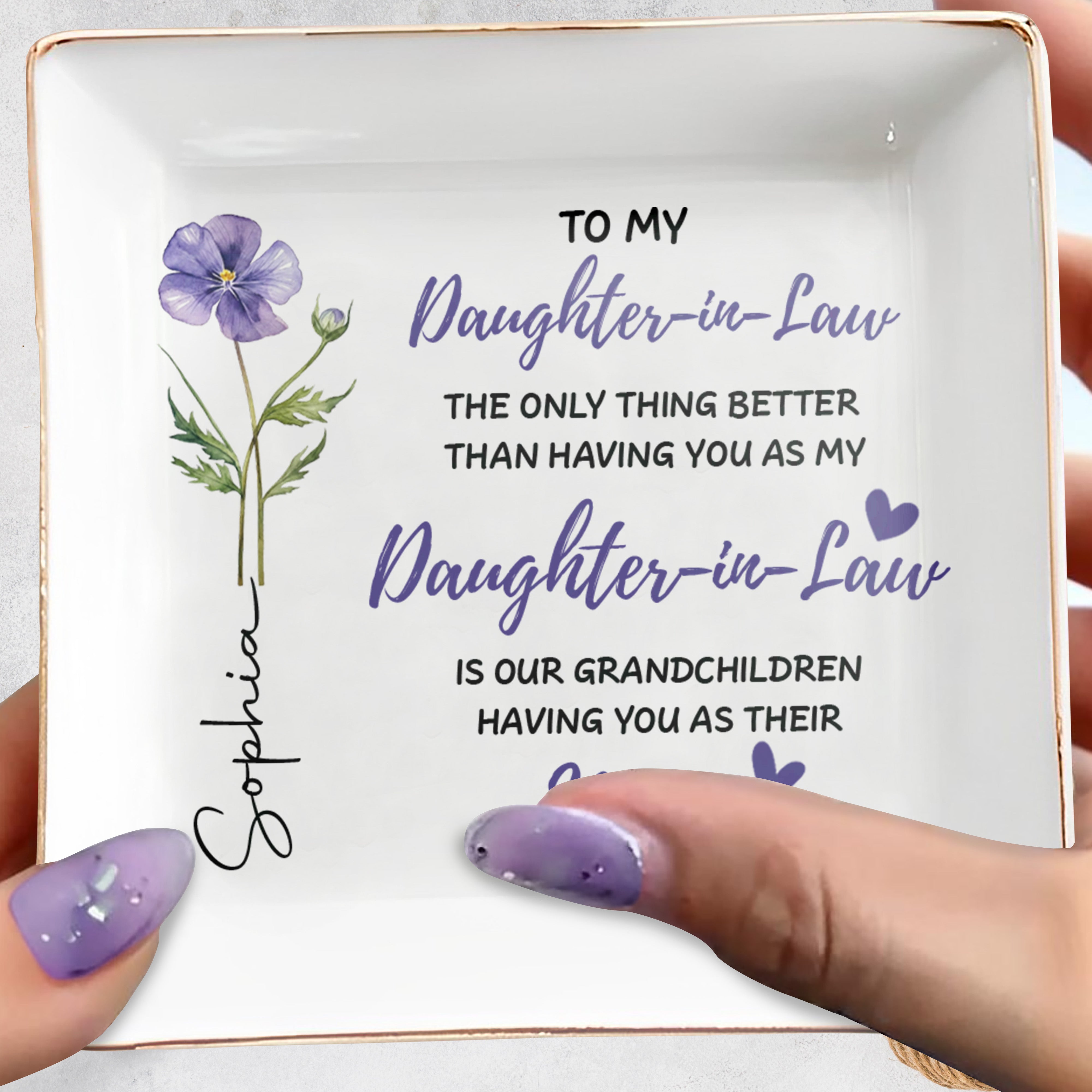 Personalized Floral Jewelry Dish Custom Message for Daughter-in-Law