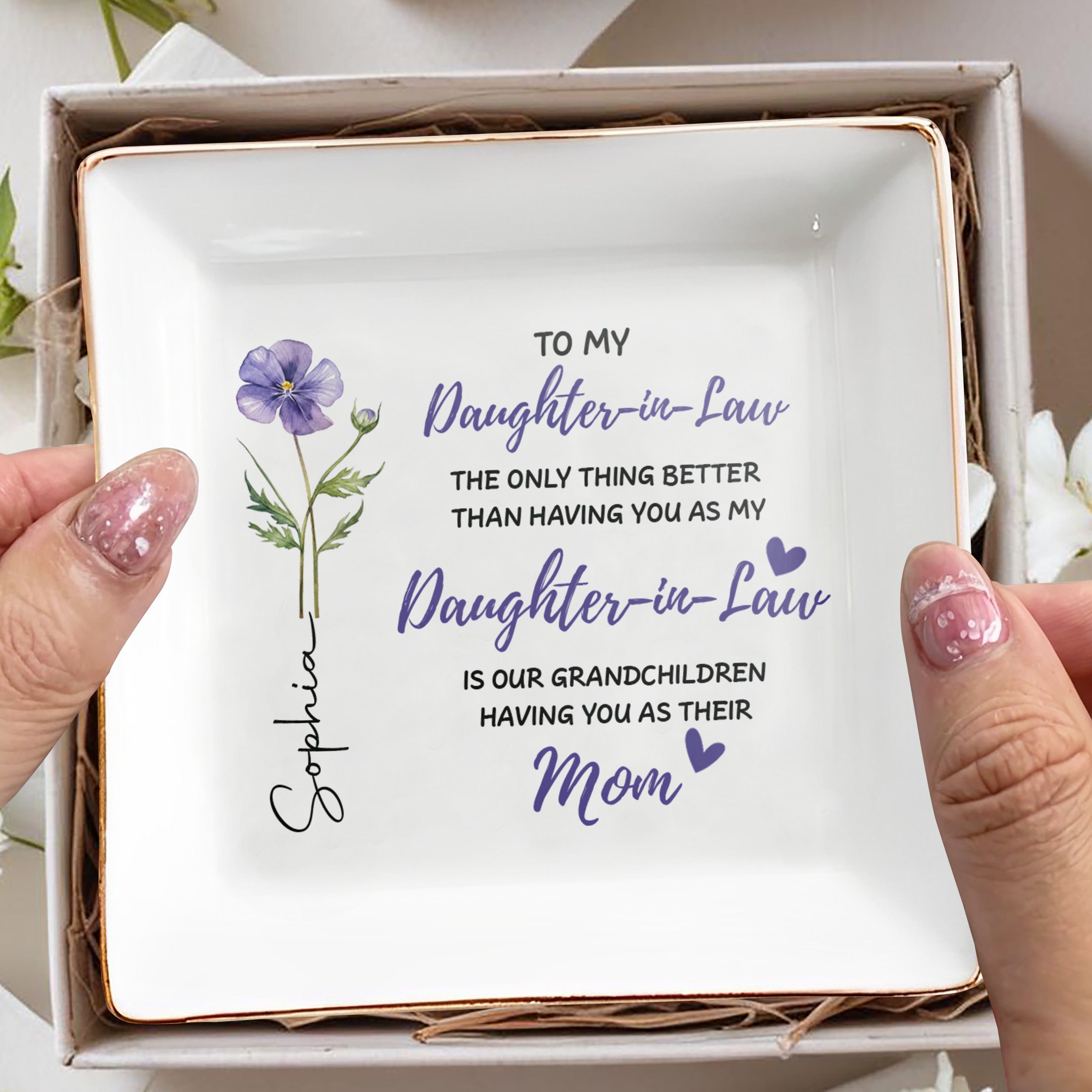 Personalized Floral Jewelry Dish Custom Message for Daughter-in-Law