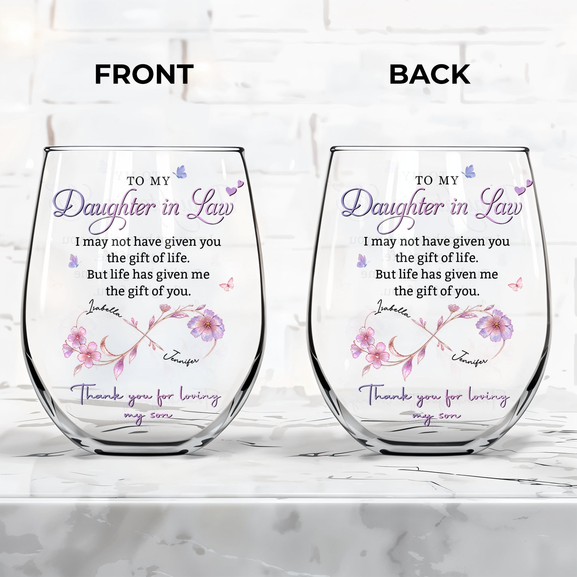 Personalized Stemless Wine Glass Custom Name Gift for Daughter-in-Law