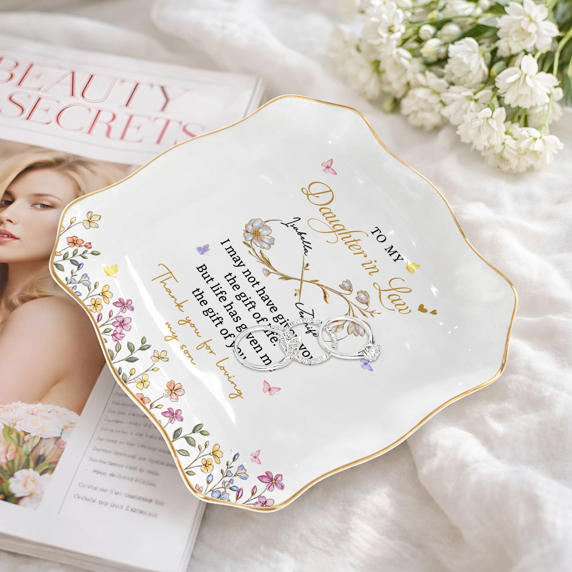 Personalized Lace Jewelry Dish Custom Name Gift for Daughter-in-Law