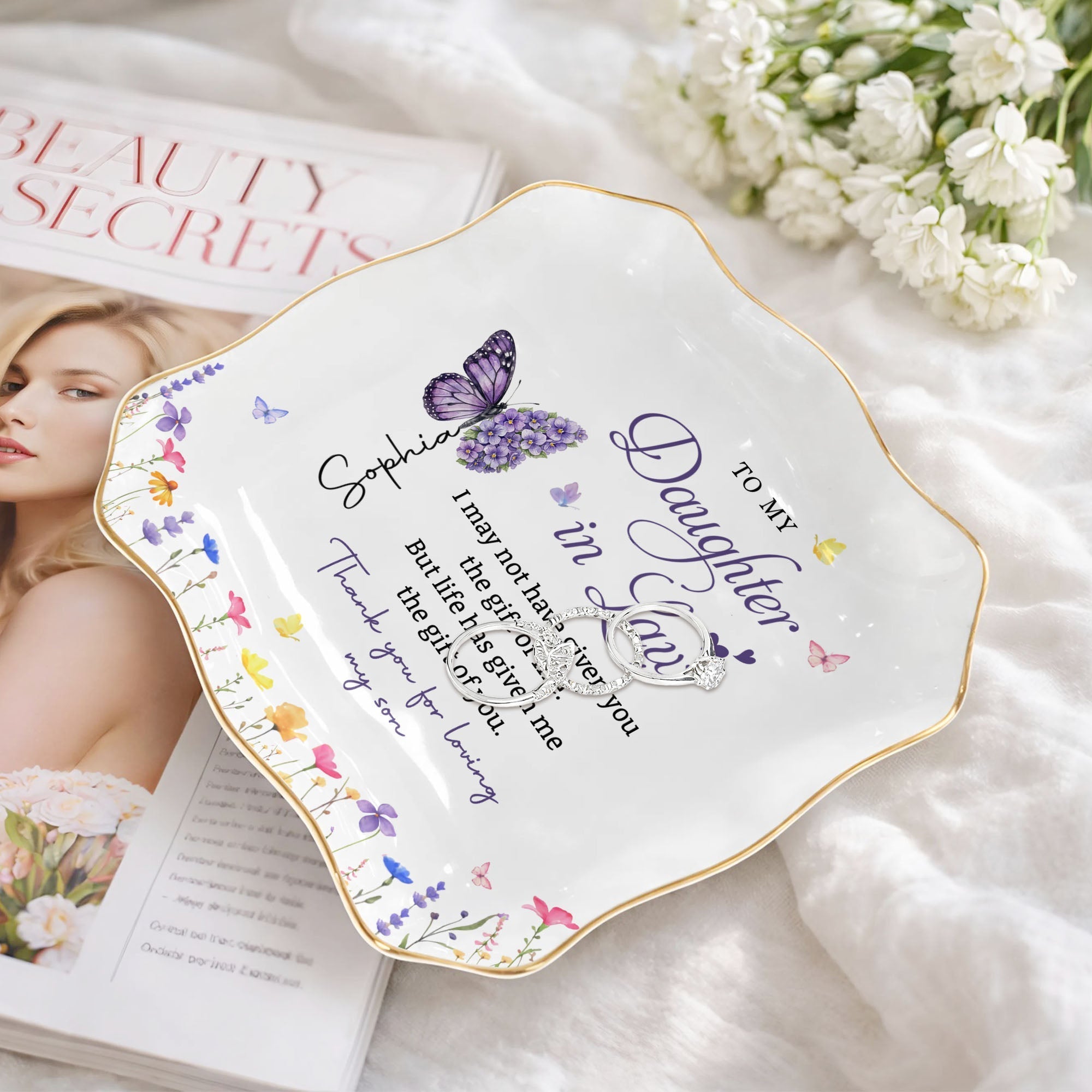 Personalized Lace Jewelry Dish Butterfly Design Gift for Daughter-in-Law